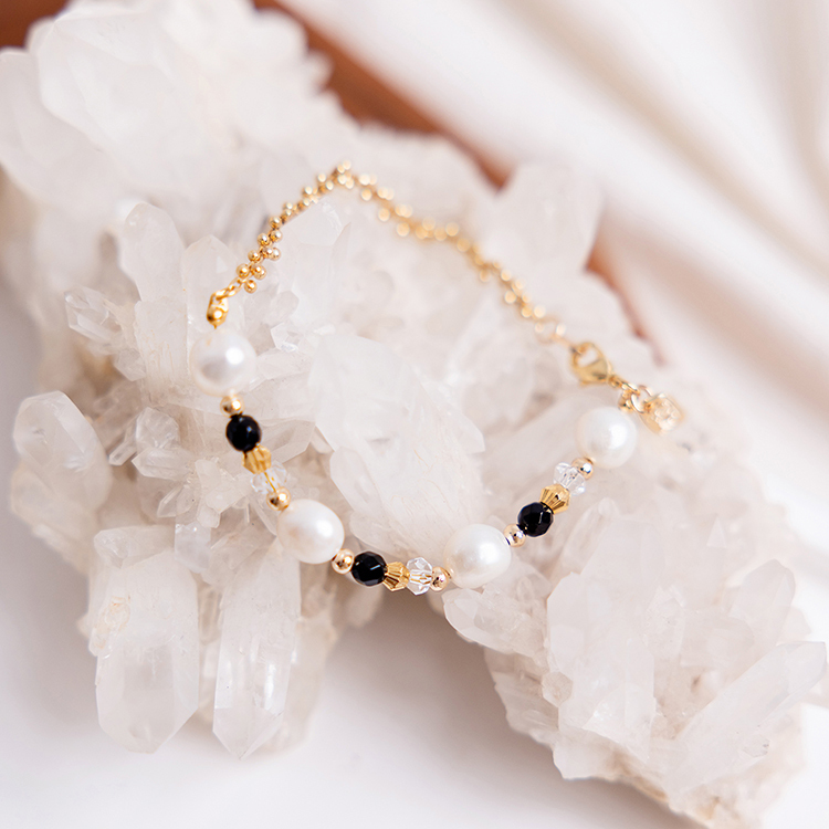 七月誕生石 • 蜀葵花 • 夢 – 珍珠黑瑪瑙 – 手鍊