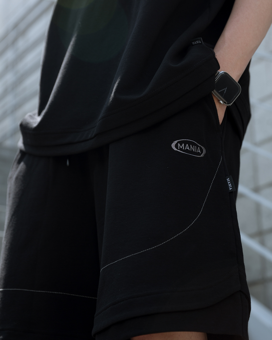 MANIA 短棉褲 跳色壓線 電繡 棉質套裝 黑 25 S/S Layered Training Shorts