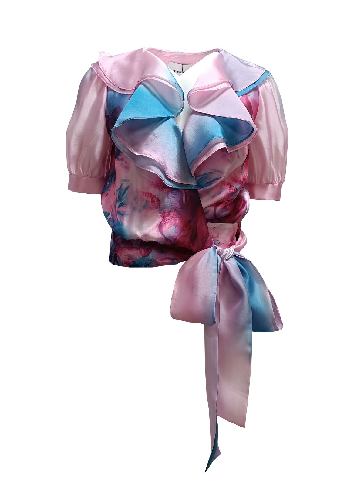 BC1EE133A1 午後漫遊暈染花片V領荷葉蝴蝶結綁結上衣