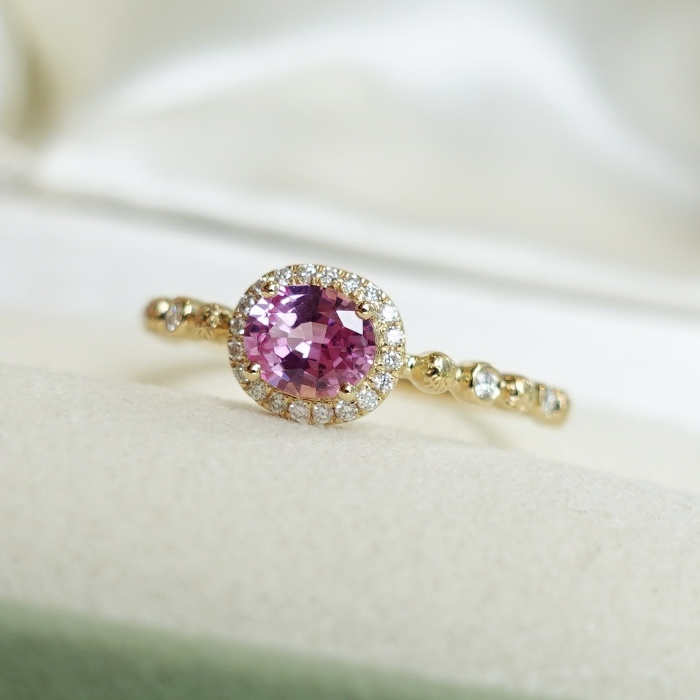 18K黃金粉紅藍寶石鑽石復古戒指