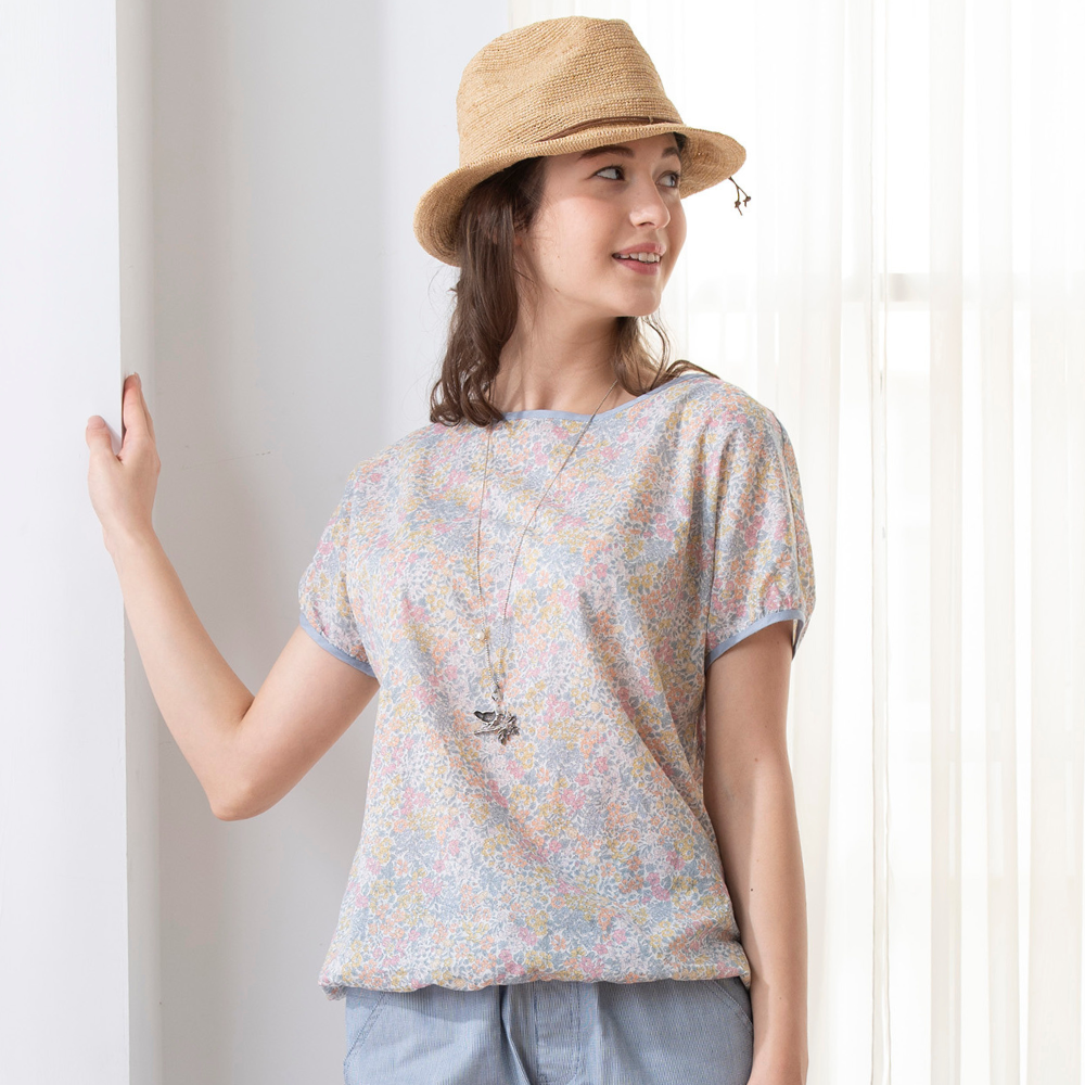 PIPPY春天花卉純棉圓領短袖上衣 粉