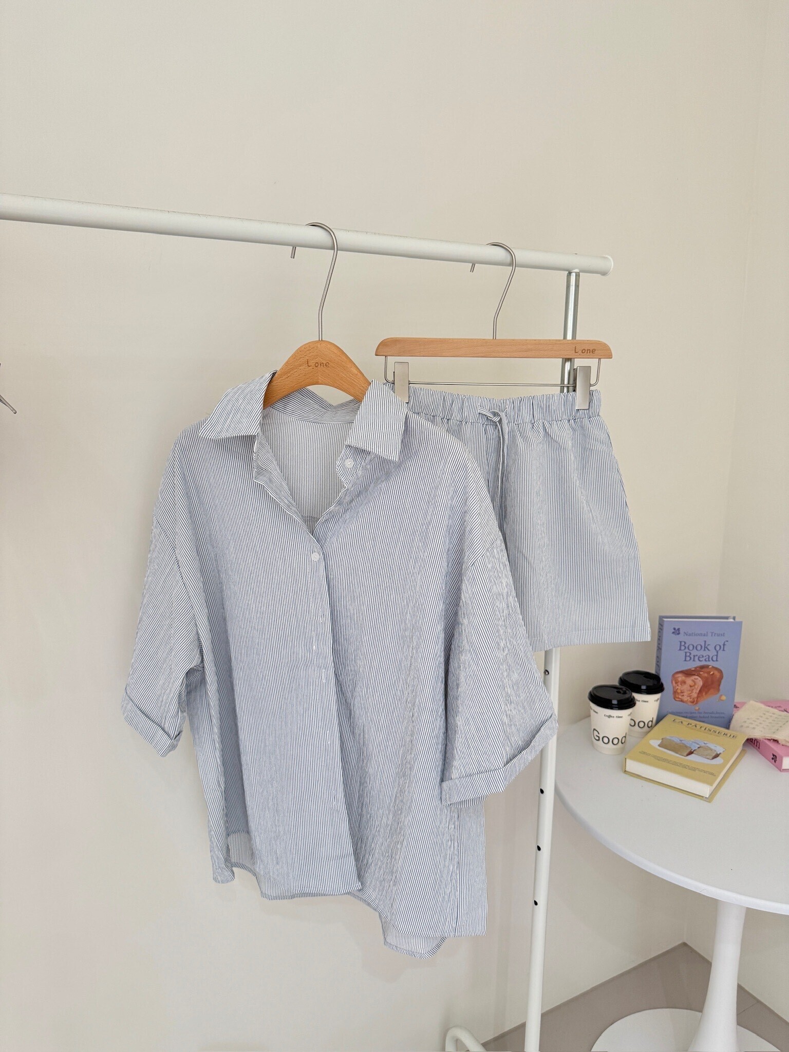 直條天絲短袖套裝