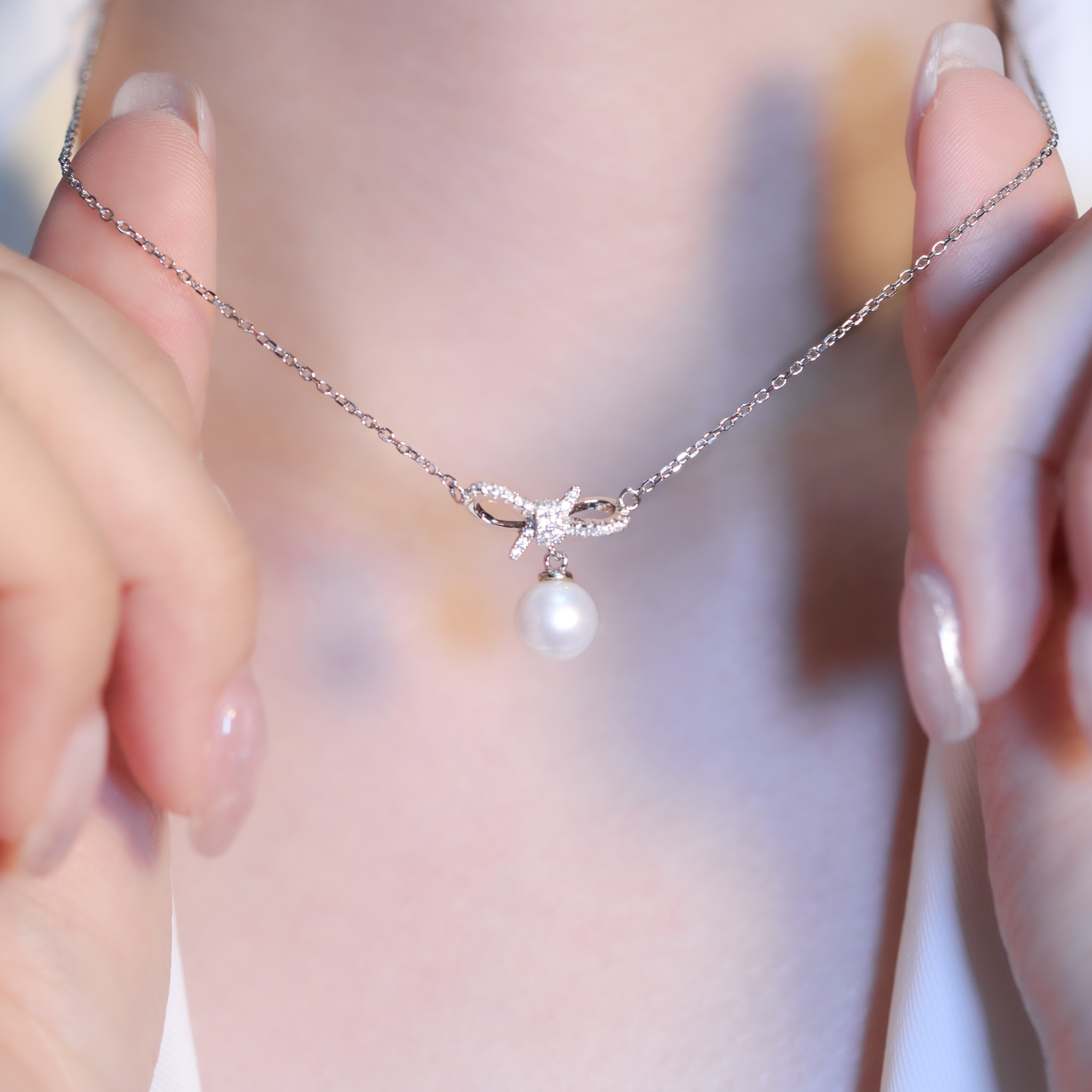 | 925純銀・厚鍍白金・莫桑石・珍珠 | 珍貴許願結項鍊 | NE1420 |