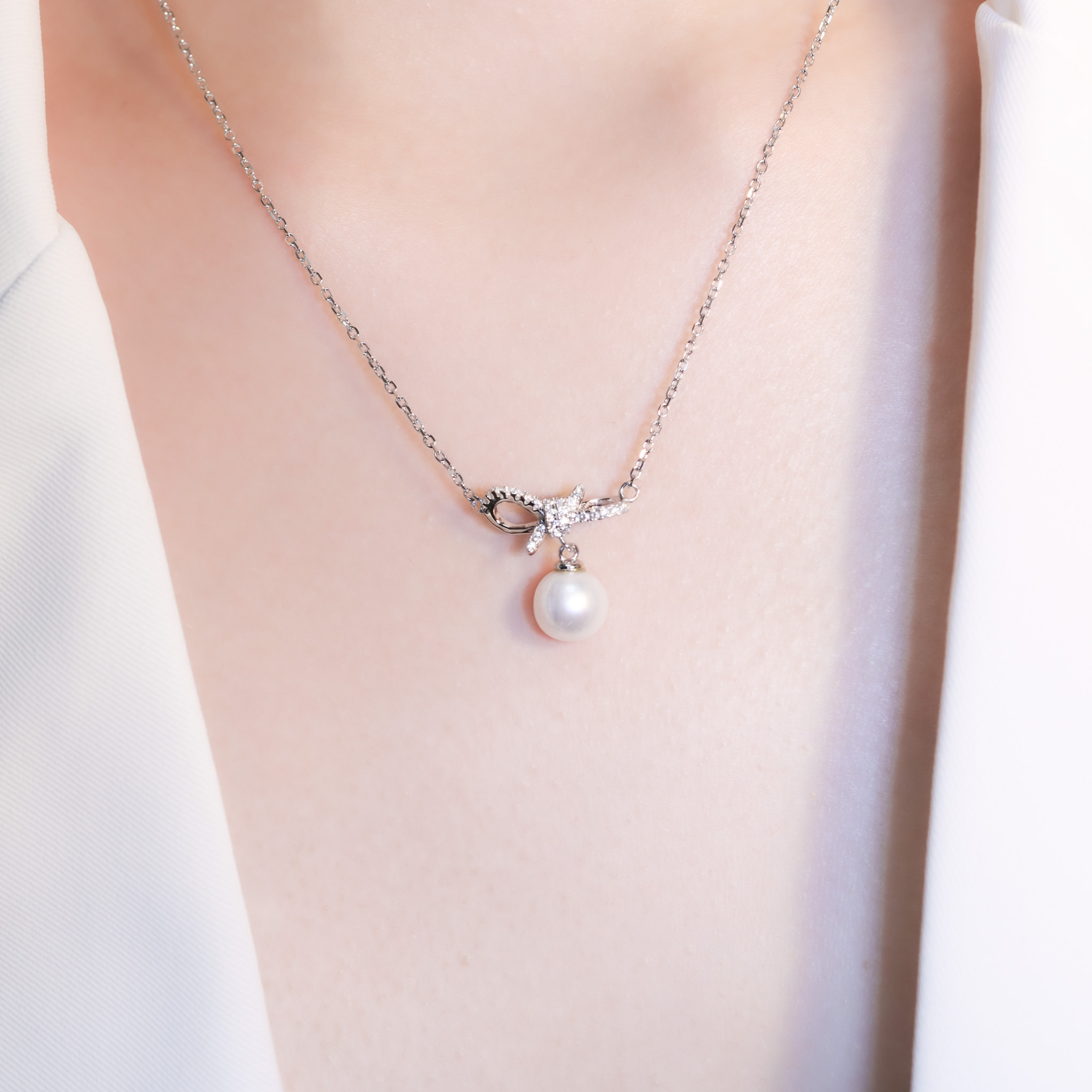 | 925純銀・厚鍍白金・莫桑石・珍珠 | 珍貴許願結項鍊 | NE1420 |