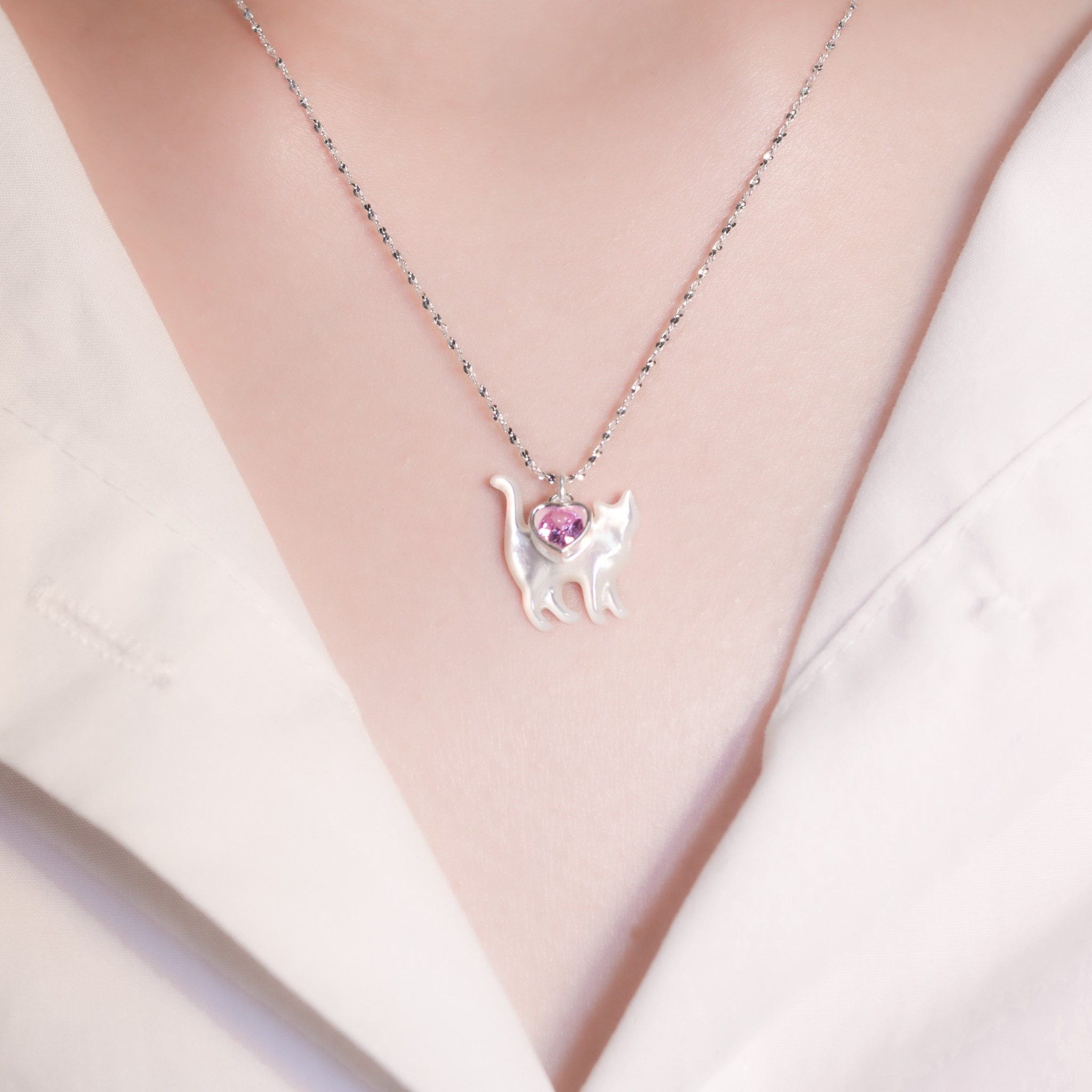 | 925純銀| 喵趣奔赴愛意項鍊（藍色/粉色） | NE1424|