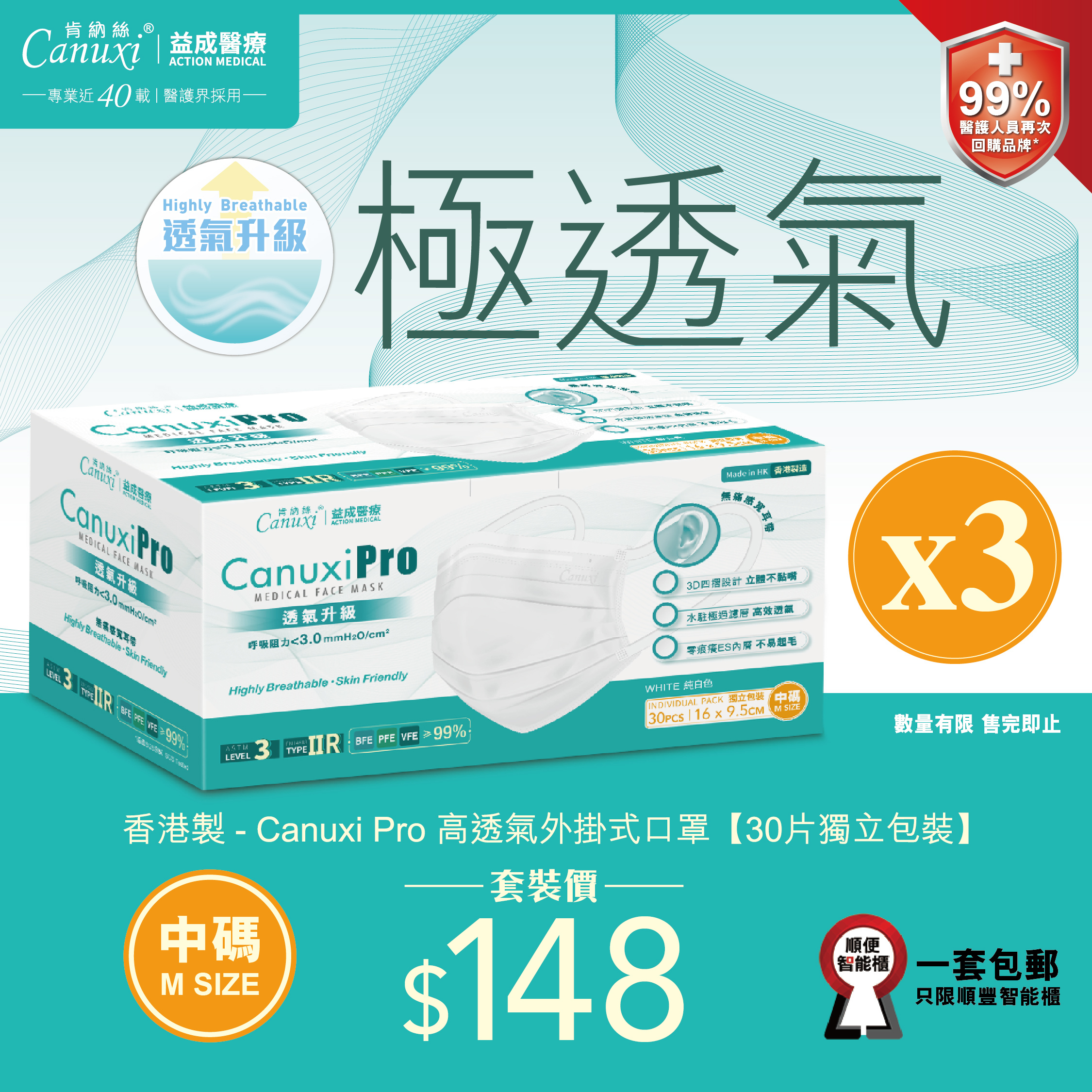 【3盒套裝 | 順豐櫃免運】Canuxi Pro 中碼 16cm 高透氣外科耳掛式口罩