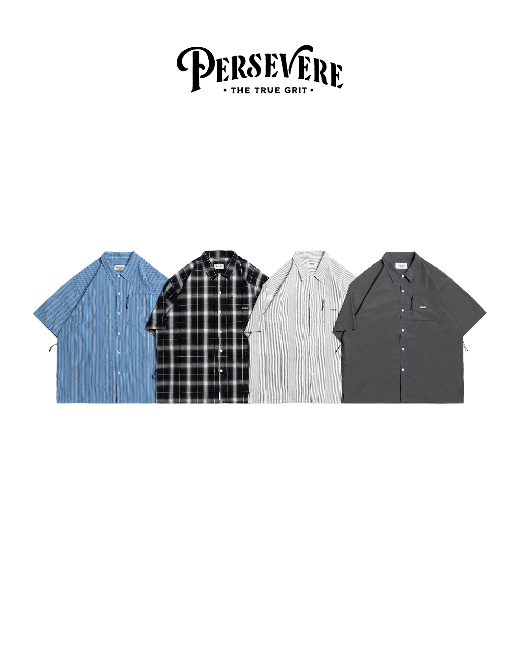 PERSEVERE 寬版短袖襯衫 藍白條紋/黑白格紋/灰白條紋/深灰 25 S/S Brand Logo Loose-Fit Shirt