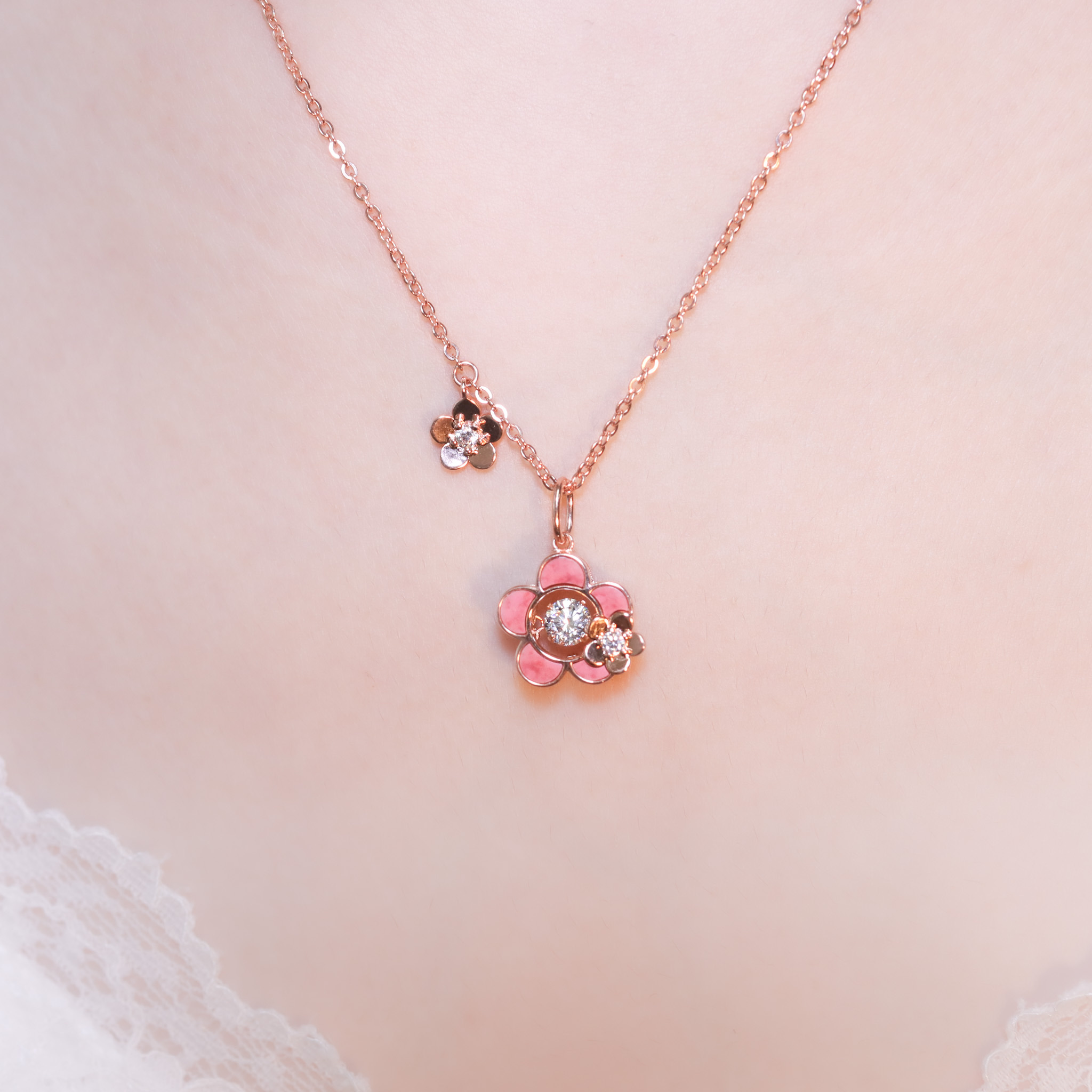 | 925純銀・厚鍍玫瑰金 | 懸浮珊瑚漫櫻項鍊 | NE1436 |