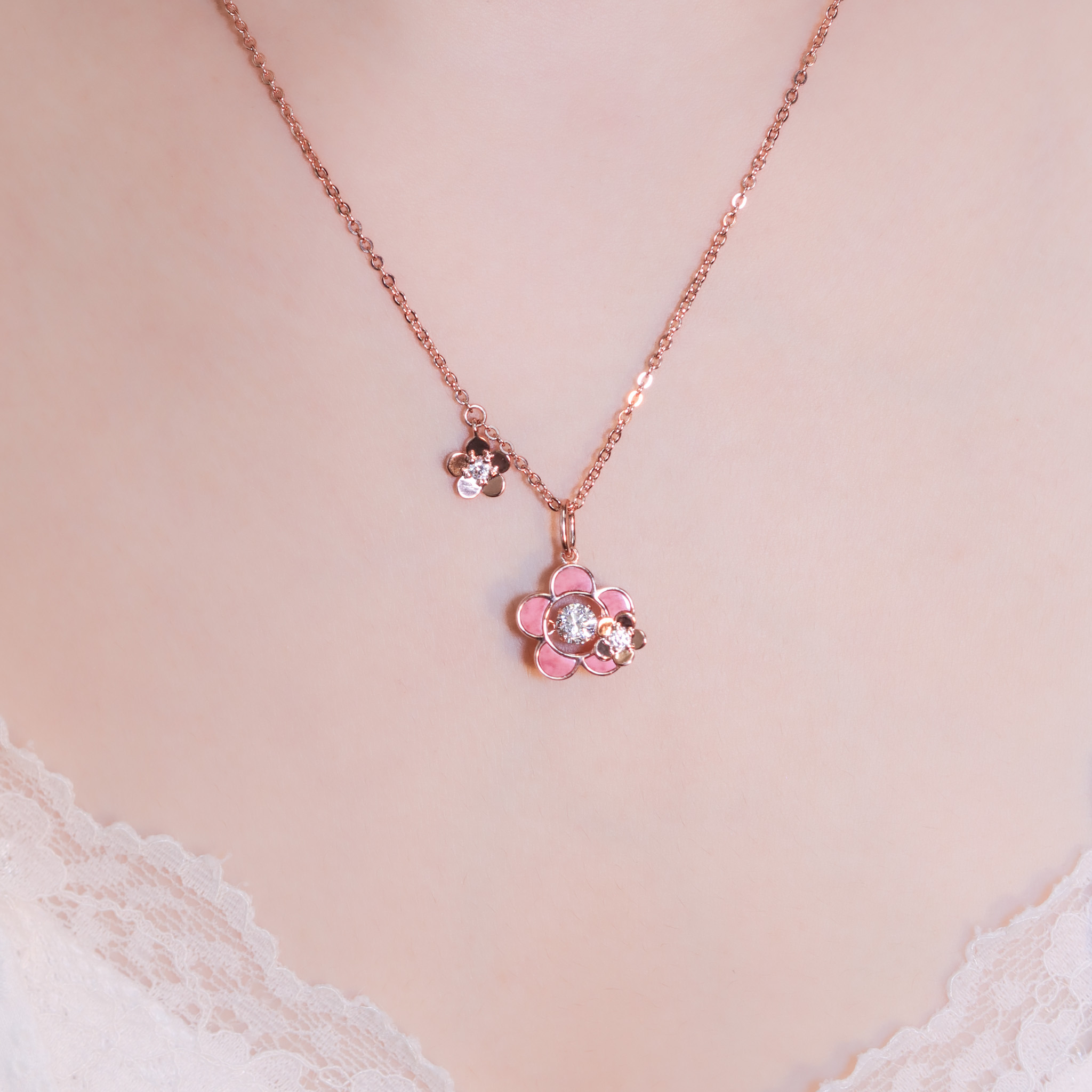 | 925純銀・厚鍍玫瑰金 | 懸浮珊瑚漫櫻項鍊 | NE1436 |