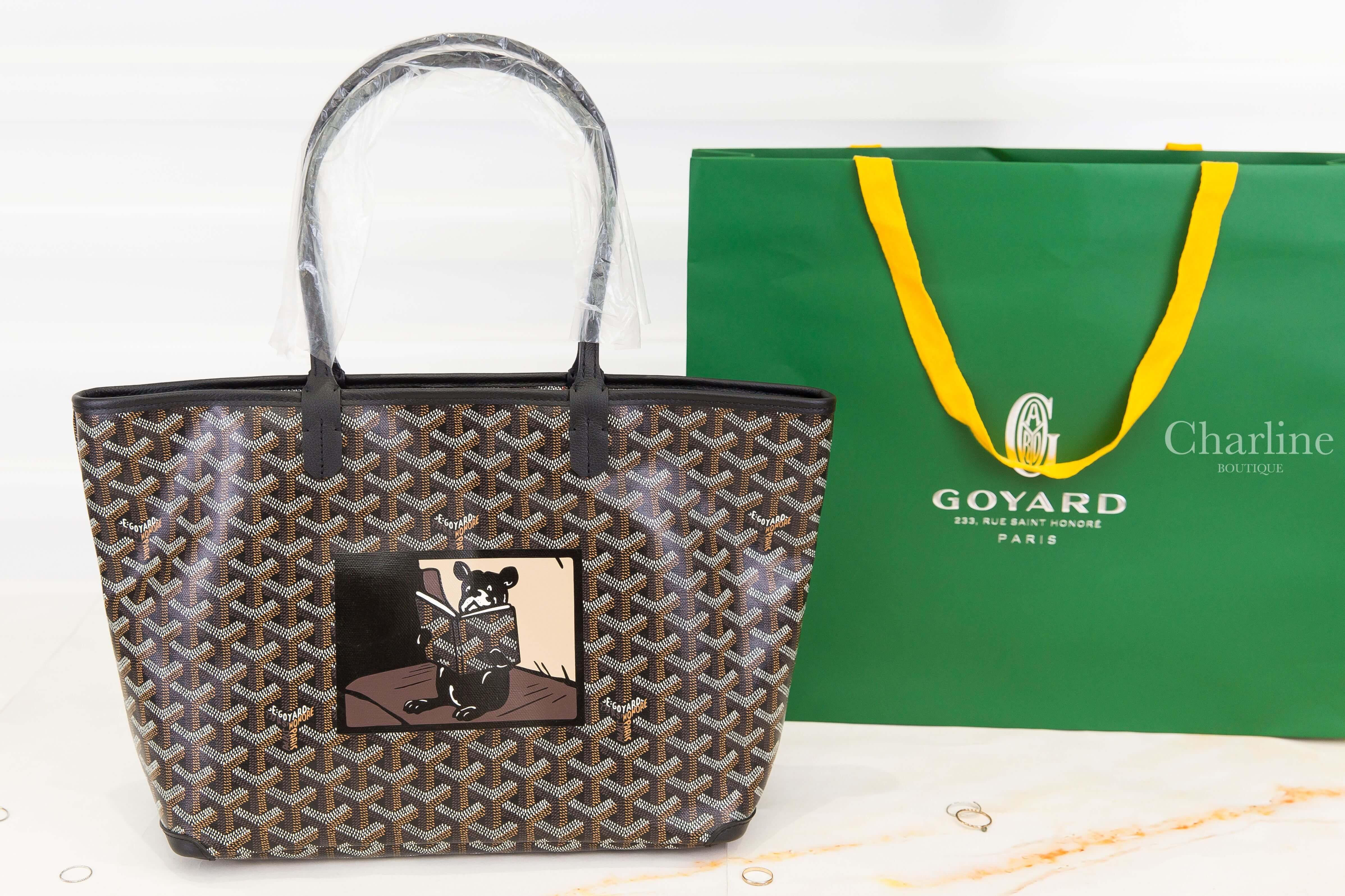 Goyard Artois PM Bag 黑色客製化讀書法鬥彩繪帆布小牛皮同色提把小型拉鍊托特包