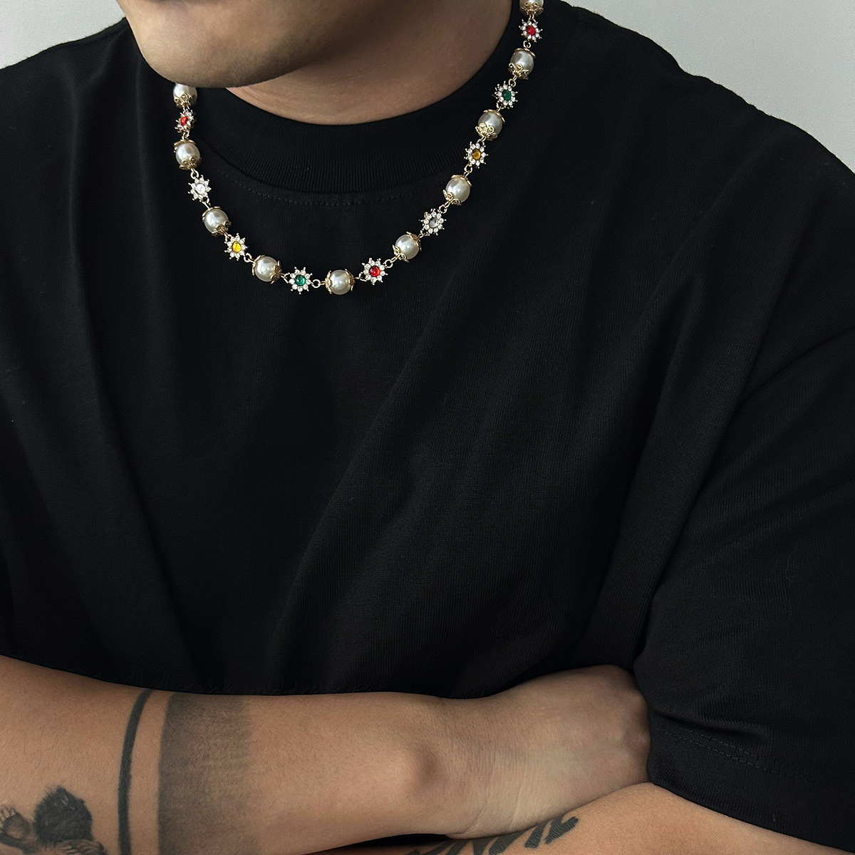 歐美高級嘻哈珍珠彩色小花鎖骨項鍊