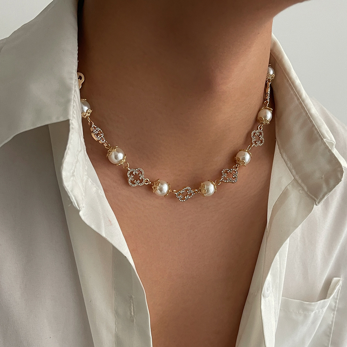 歐美輕奢鑲鑽珍珠小花拼接項鍊