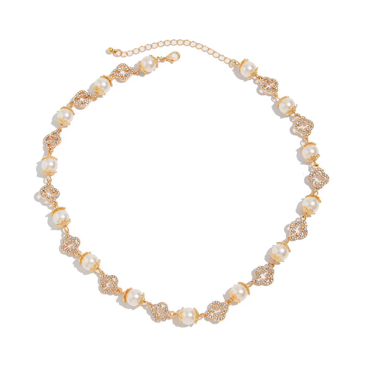 歐美輕奢鑲鑽珍珠小花拼接項鍊