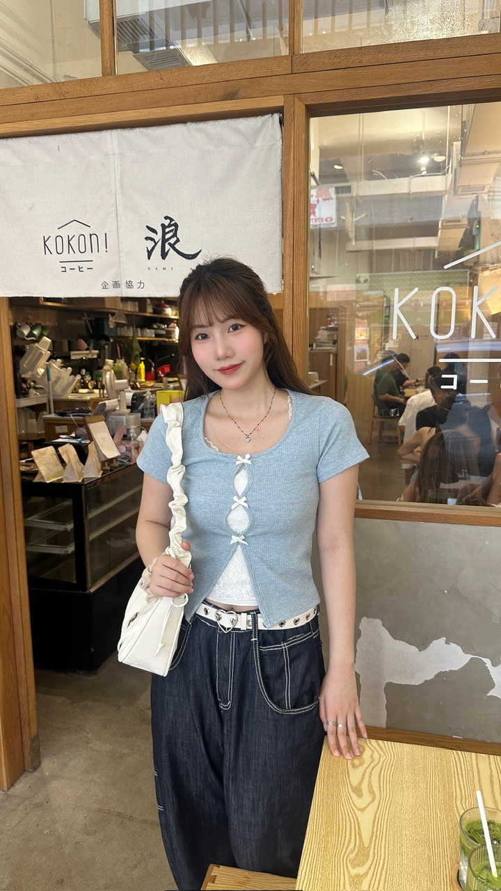 T0801｜透視通花內搭連3小蝴蝶結短袖假兩件上衣