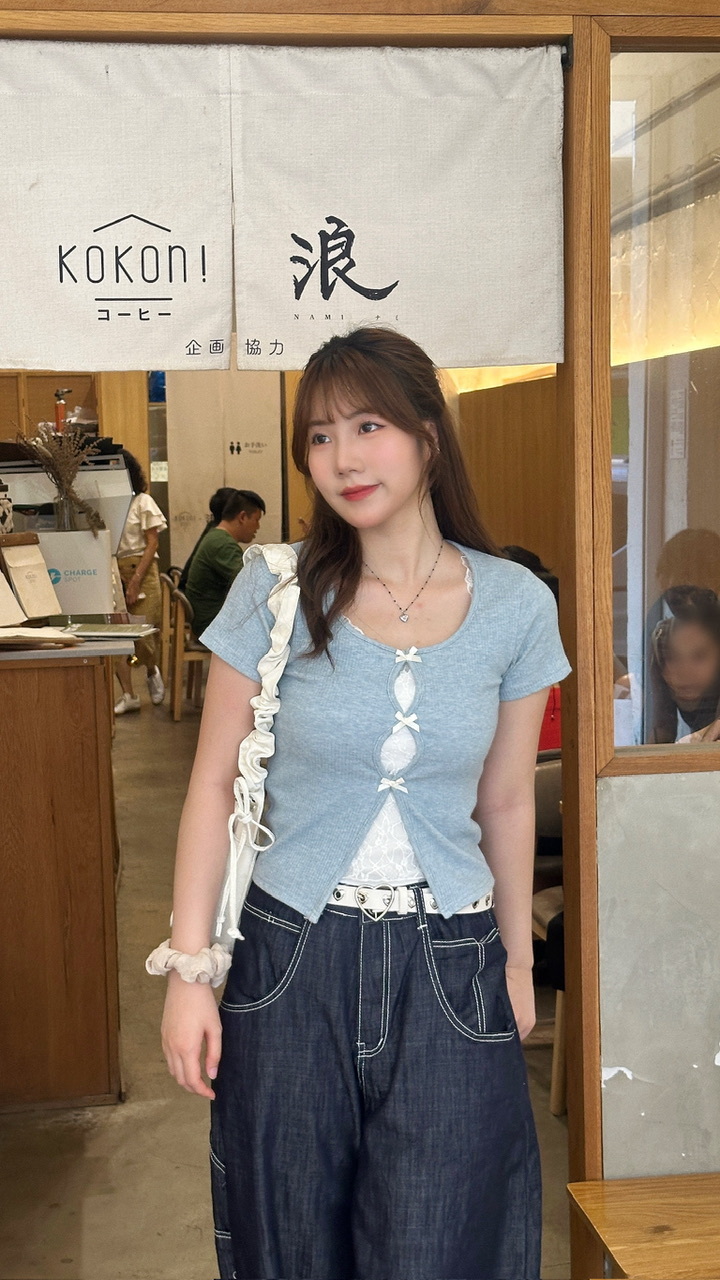 T0801｜透視通花內搭連3小蝴蝶結短袖假兩件上衣