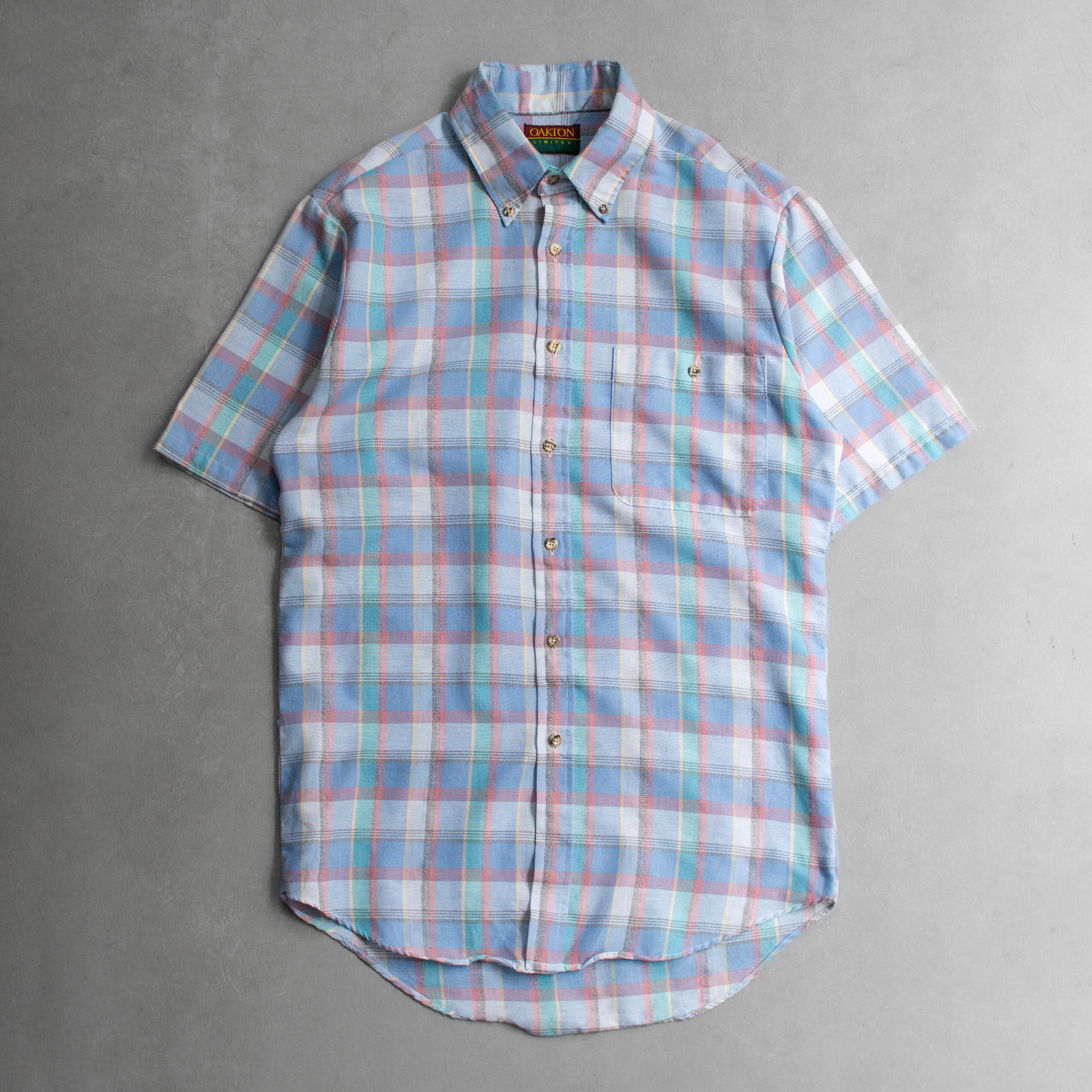 80-90S VINTAGE PLAID SHIRT 美國 淺藍 格紋 扣領 短袖 襯衫