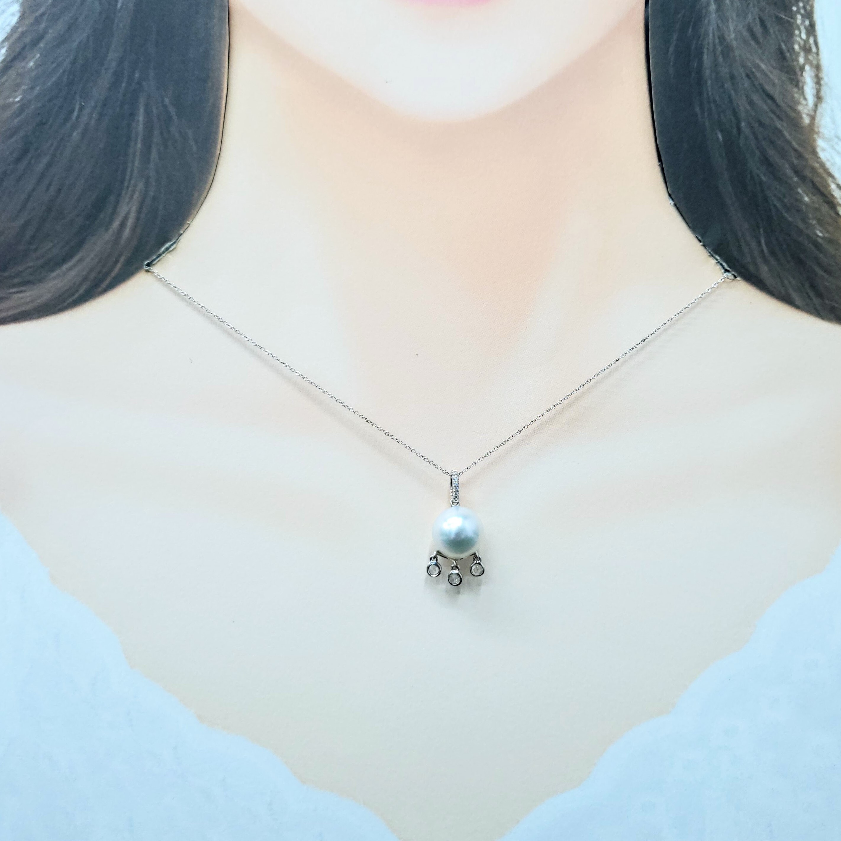 全新18K白金13份鑽石珍珠吊墜