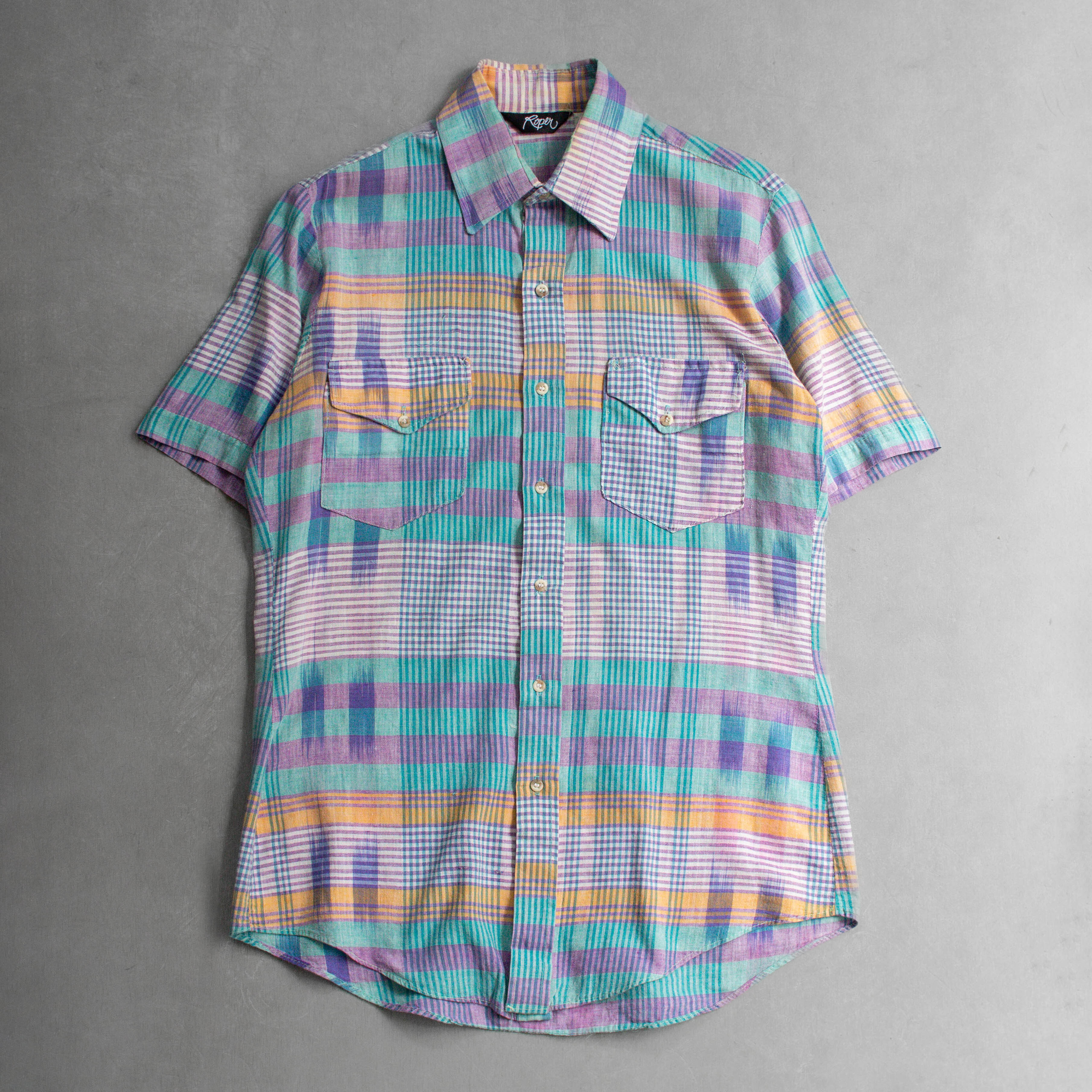 80-90S VINTAGE PLAID SHIRT 美國製 藍紫色 格紋 西部 短袖 襯衫