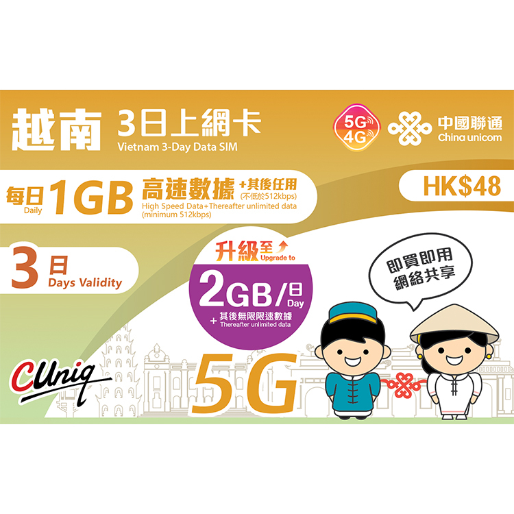 中國聯通 - 3日【越南】(每日2GB) 5G/4G 無限上網卡數據卡SIM咭