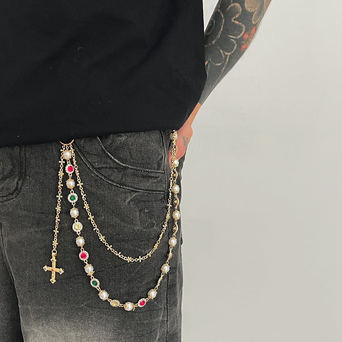 歐美嘻哈十字架鑲鑽褲鏈