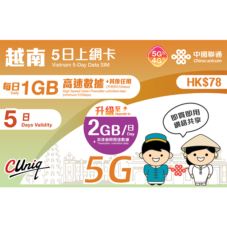 中國聯通 - 5日【越南】(每日2GB) 5G/4G 無限上網卡數據卡SIM咭