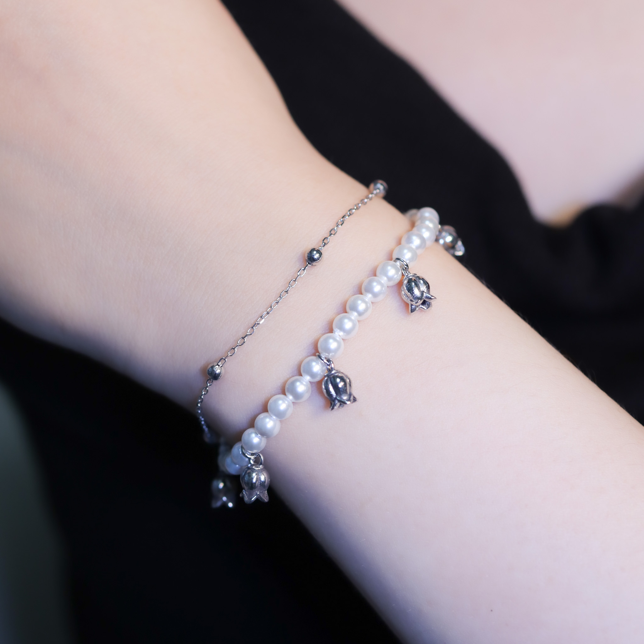 | 925純銀・厚鍍白金・珍珠 | 珍貴花語雙層手鏈| BR1350 |