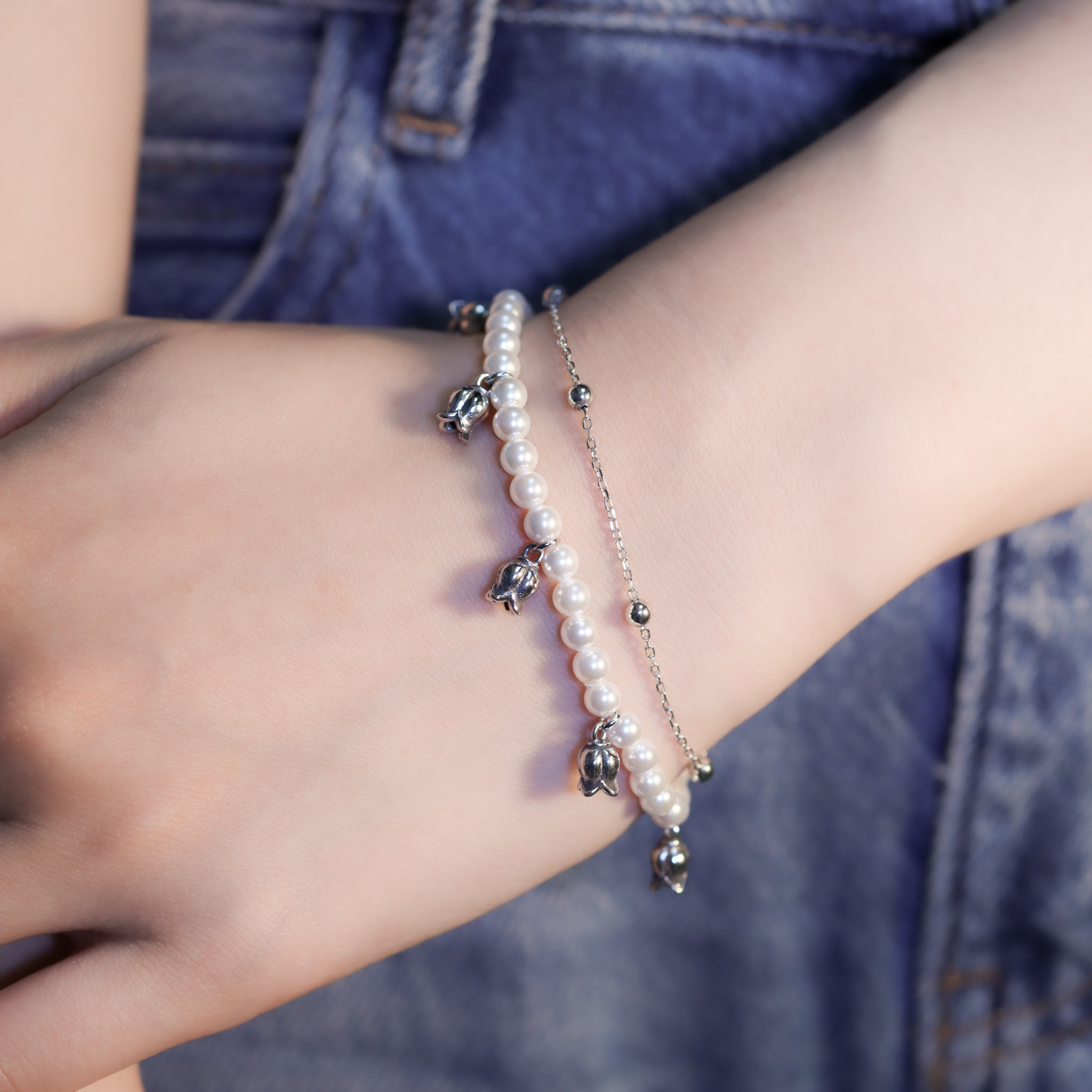 | 925純銀・厚鍍白金・珍珠 | 珍貴花語雙層手鏈| BR1350 |