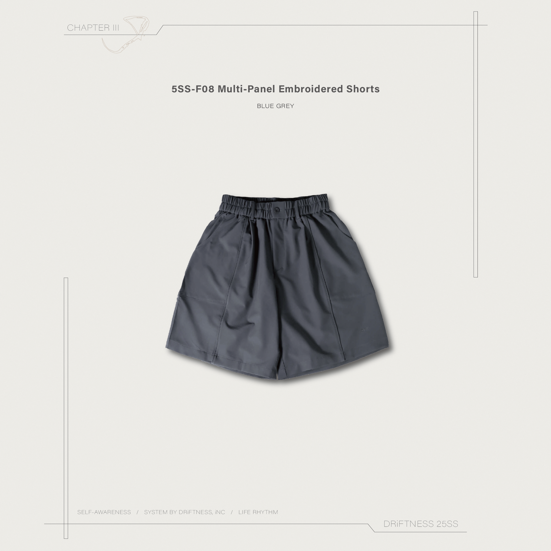 DRiFTNESS｜5SS-F08 “Multi-Panel” 多裁片拼接刺繡短褲 - Blue Grey