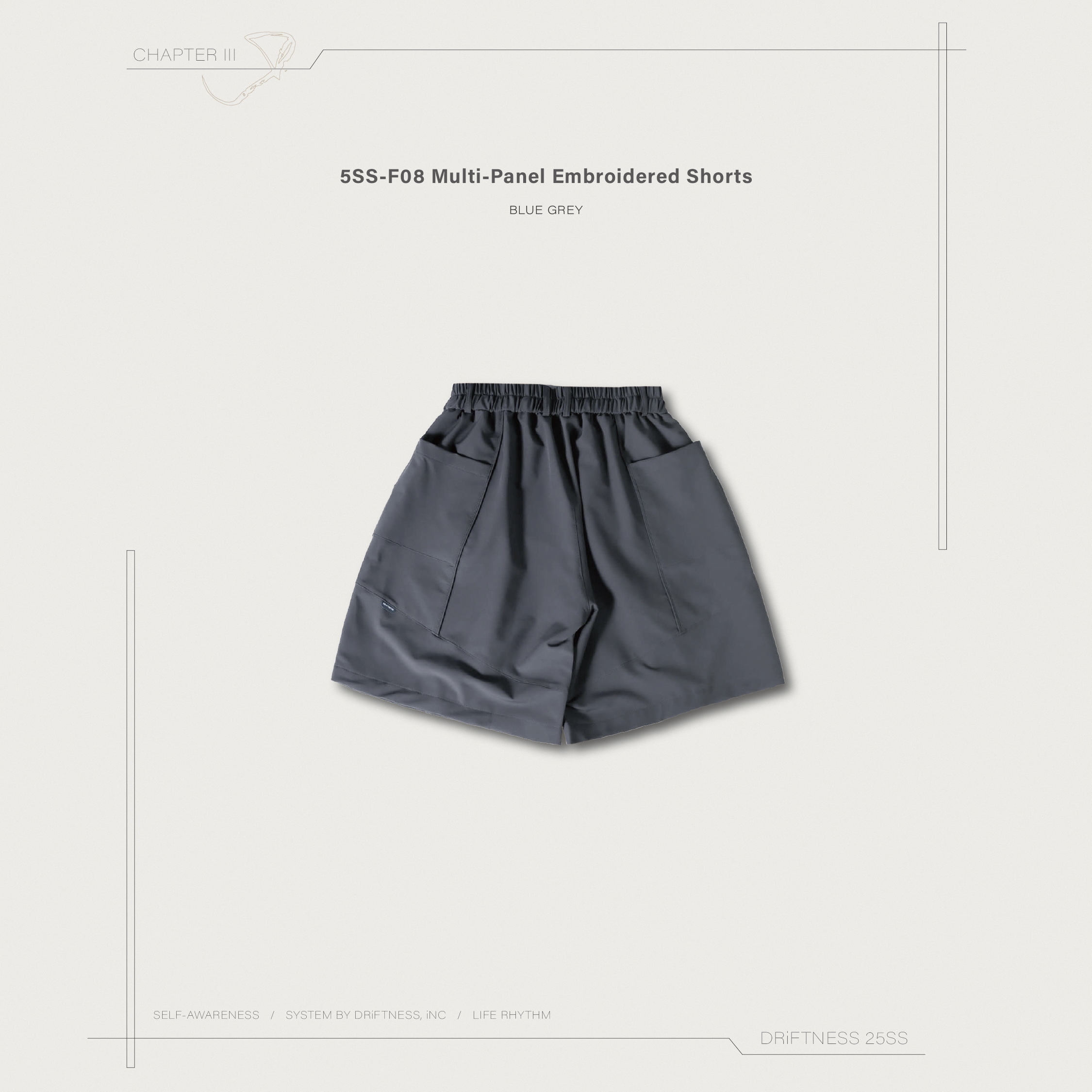 DRiFTNESS｜5SS-F08 “Multi-Panel” 多裁片拼接刺繡短褲 - Blue Grey