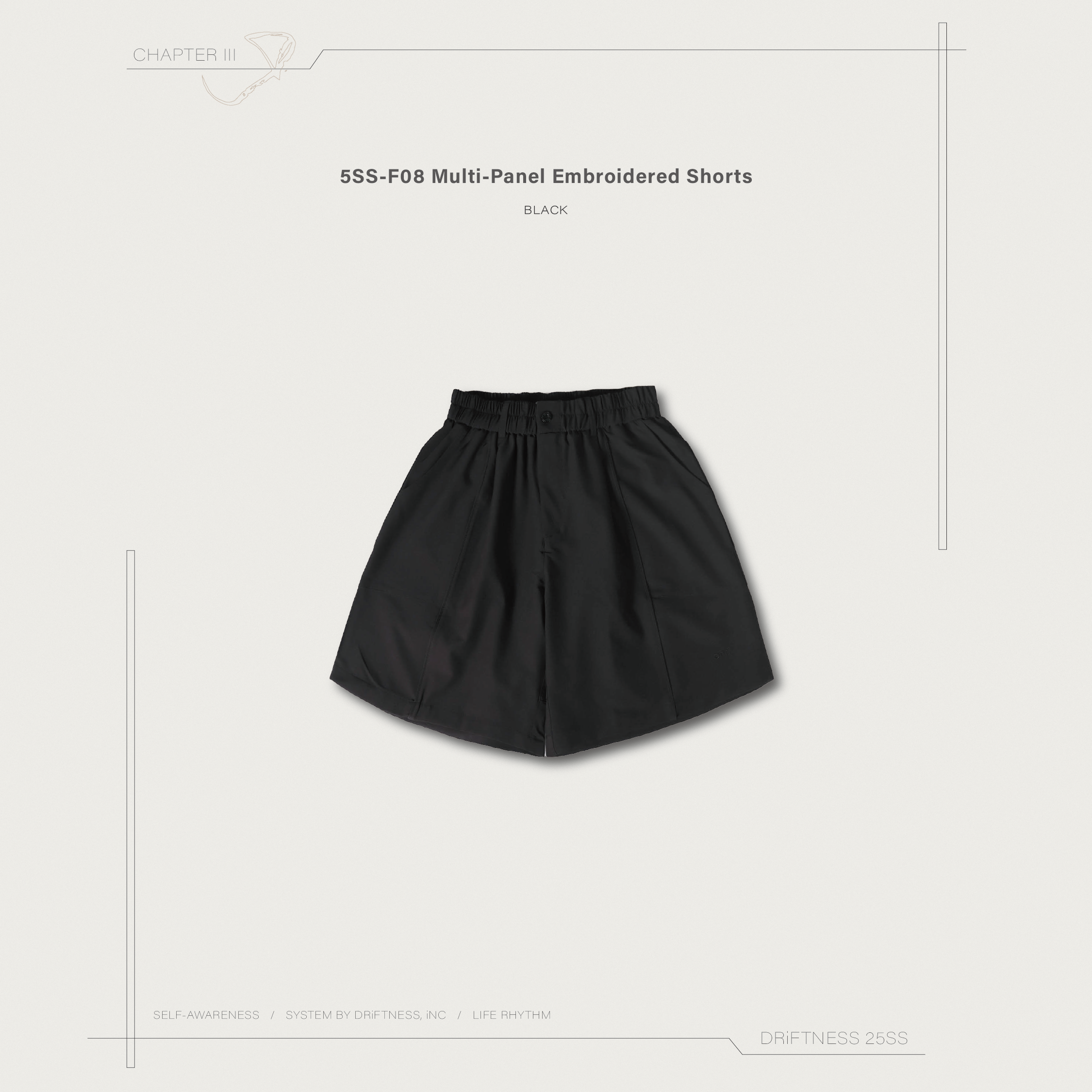 DRiFTNESS｜5SS-F08 “Multi-Panel” 多裁片拼接刺繡短褲 - Black