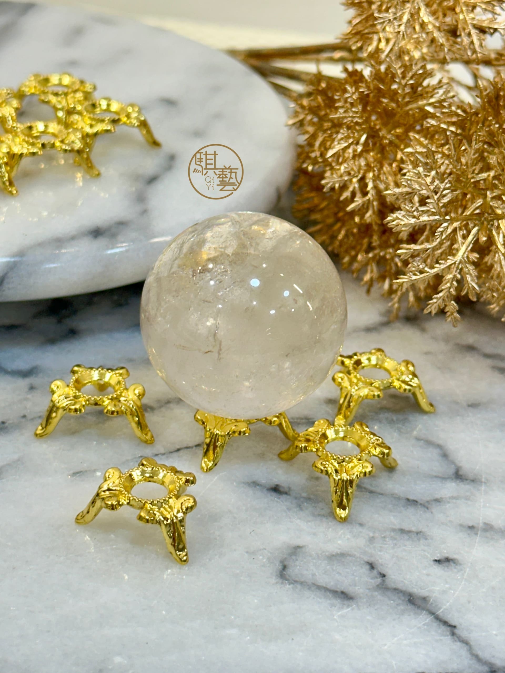 迷你復古金屬球架｜黃銅金色小型水晶球支架｜穩固展示水晶擺設