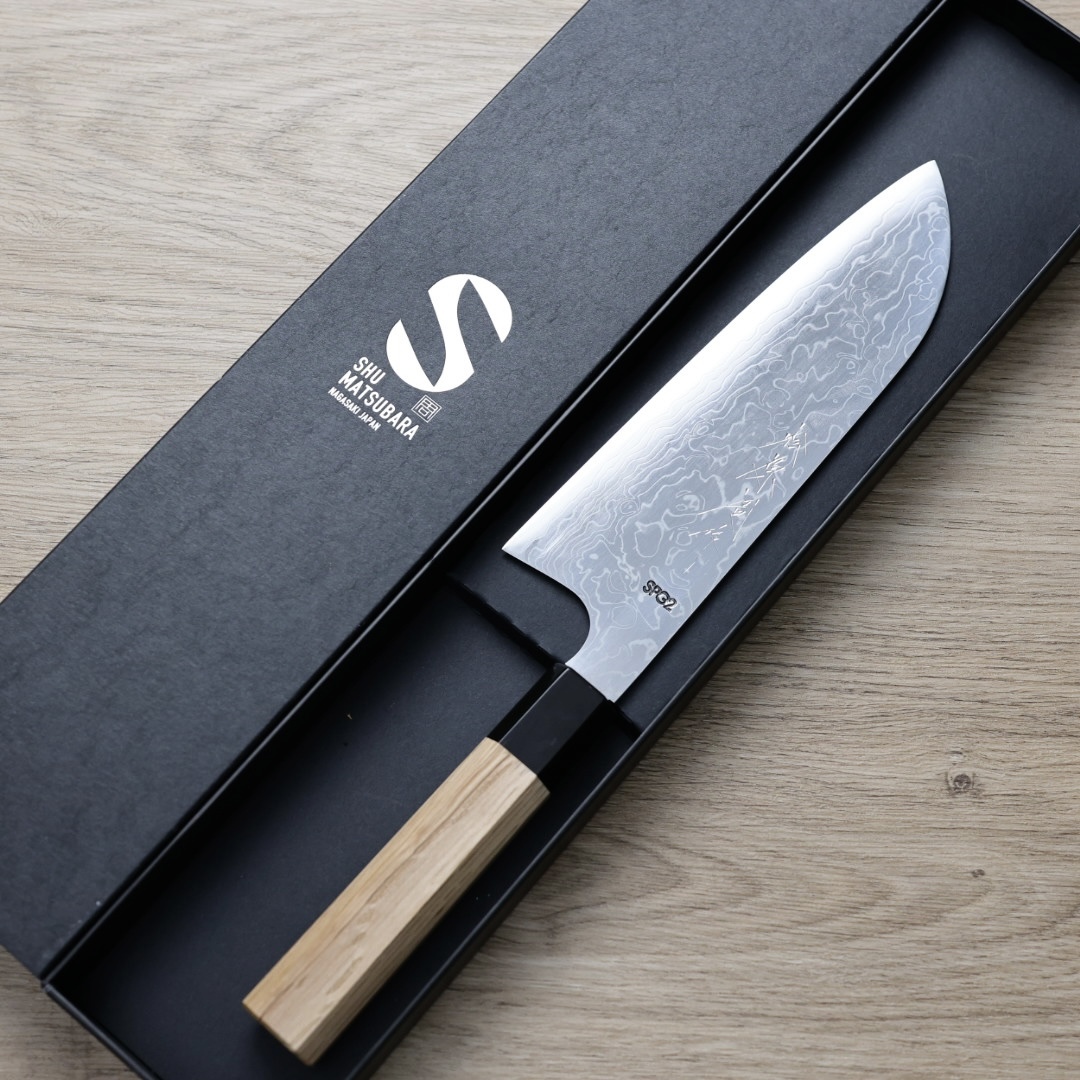 松原周 三德刀 180mm SG2粉末HSS鋼 大馬士革