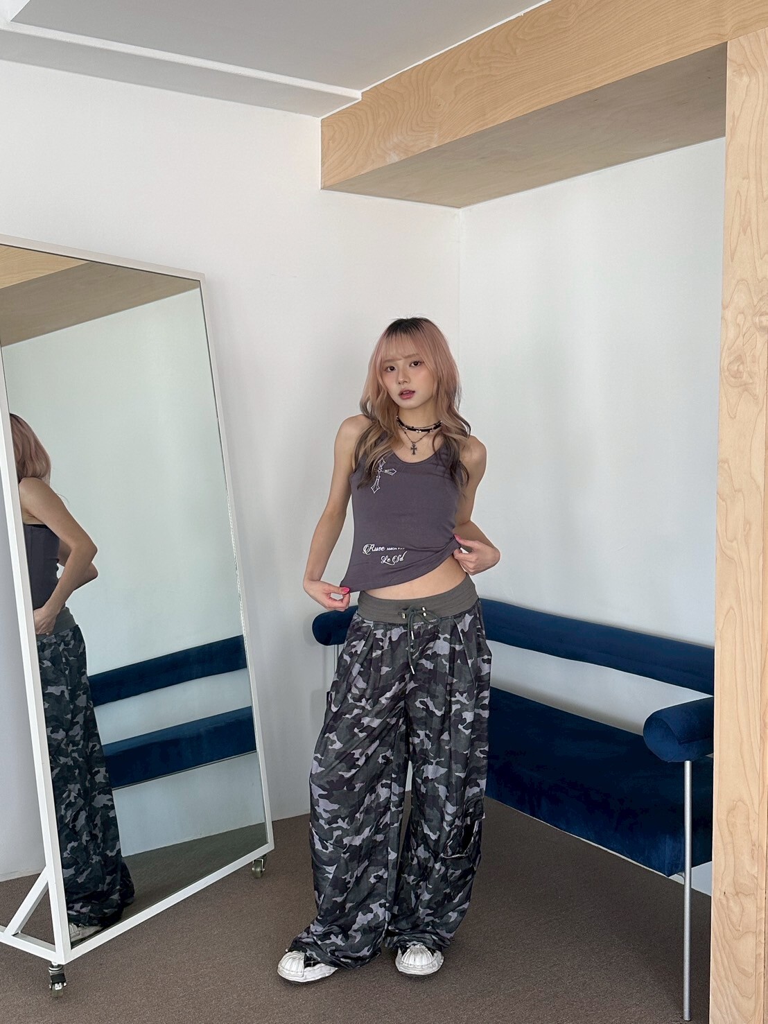 痞帥學姊⚡️ 灰色調迷彩休閒工裝褲（腰圍可自行調節 有束口）