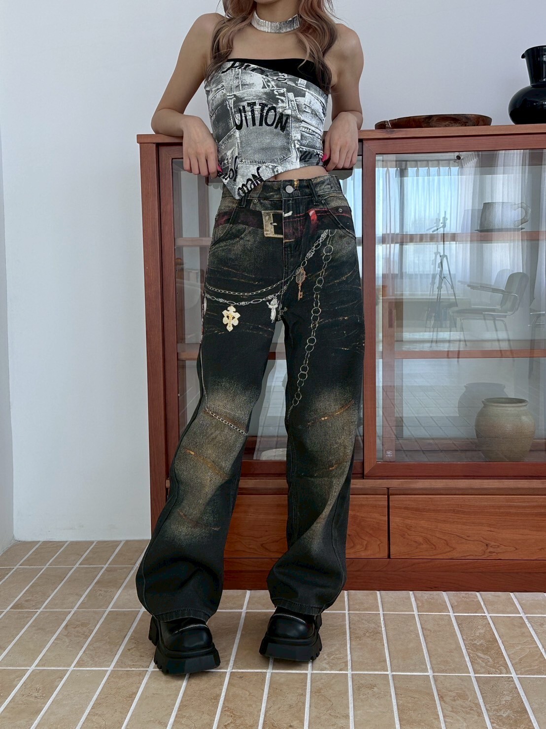 Back to 2000復古做舊鏈條印花牛仔褲