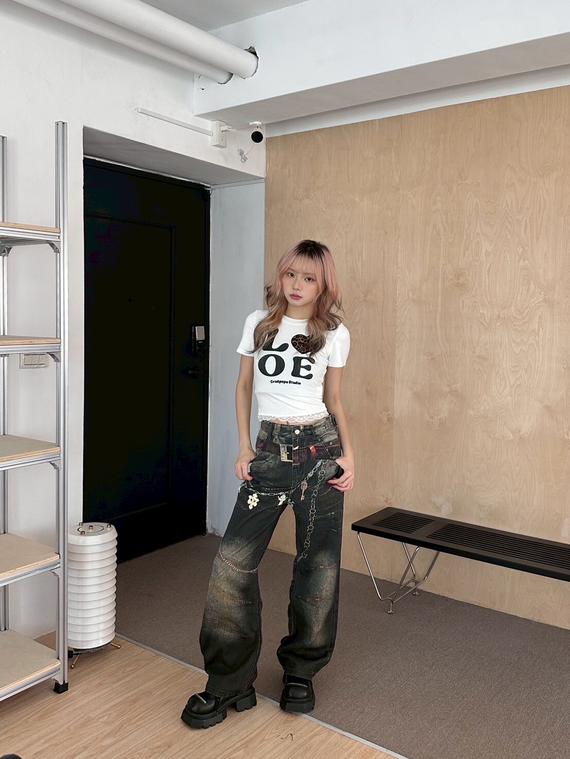 Back to 2000復古做舊鏈條印花牛仔褲