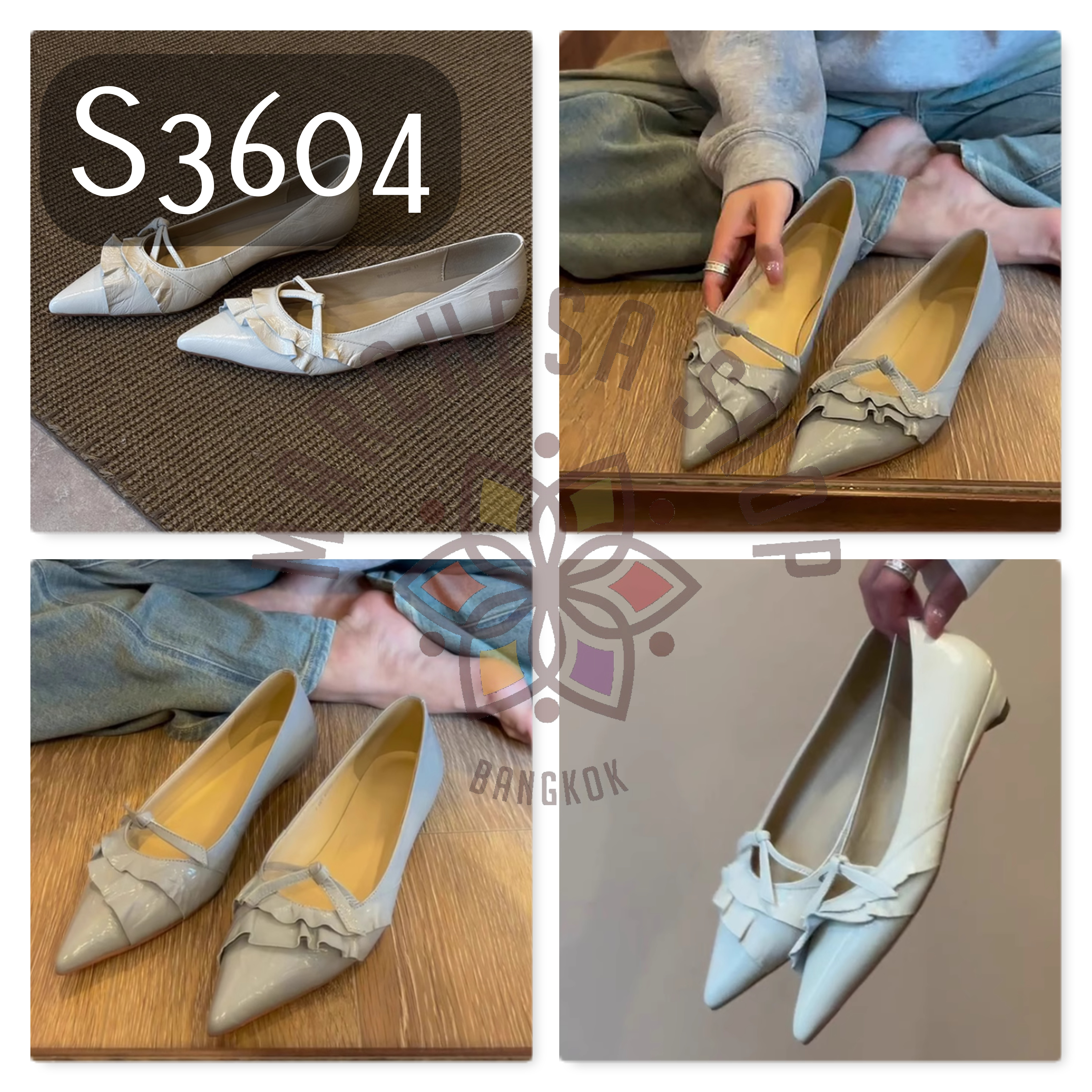 S3604 - 頭層羊漆皮荷葉邊尖頭低踭鞋