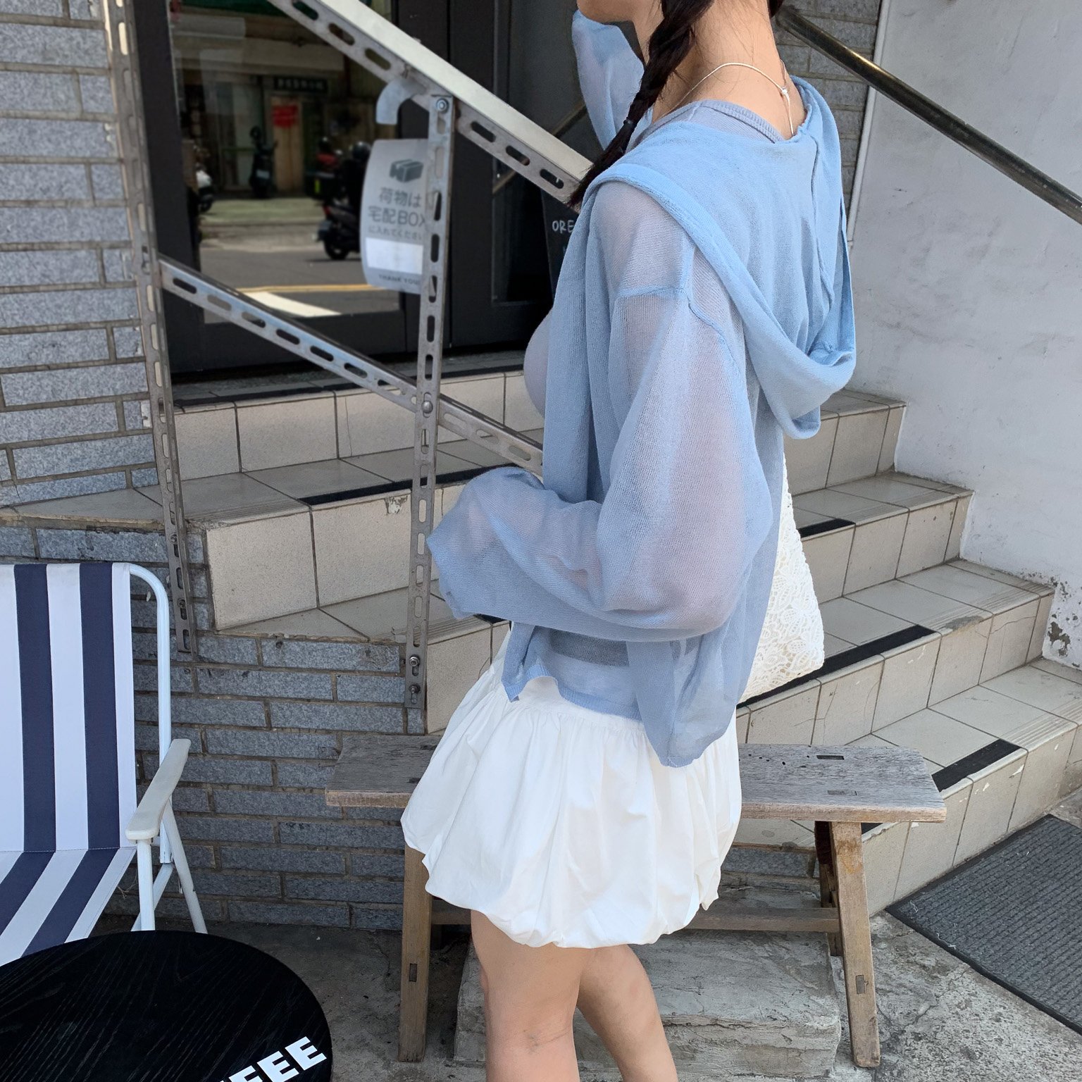 ISA_夏日時髦專用 呼吸感薄針織連帽排釦外_56002