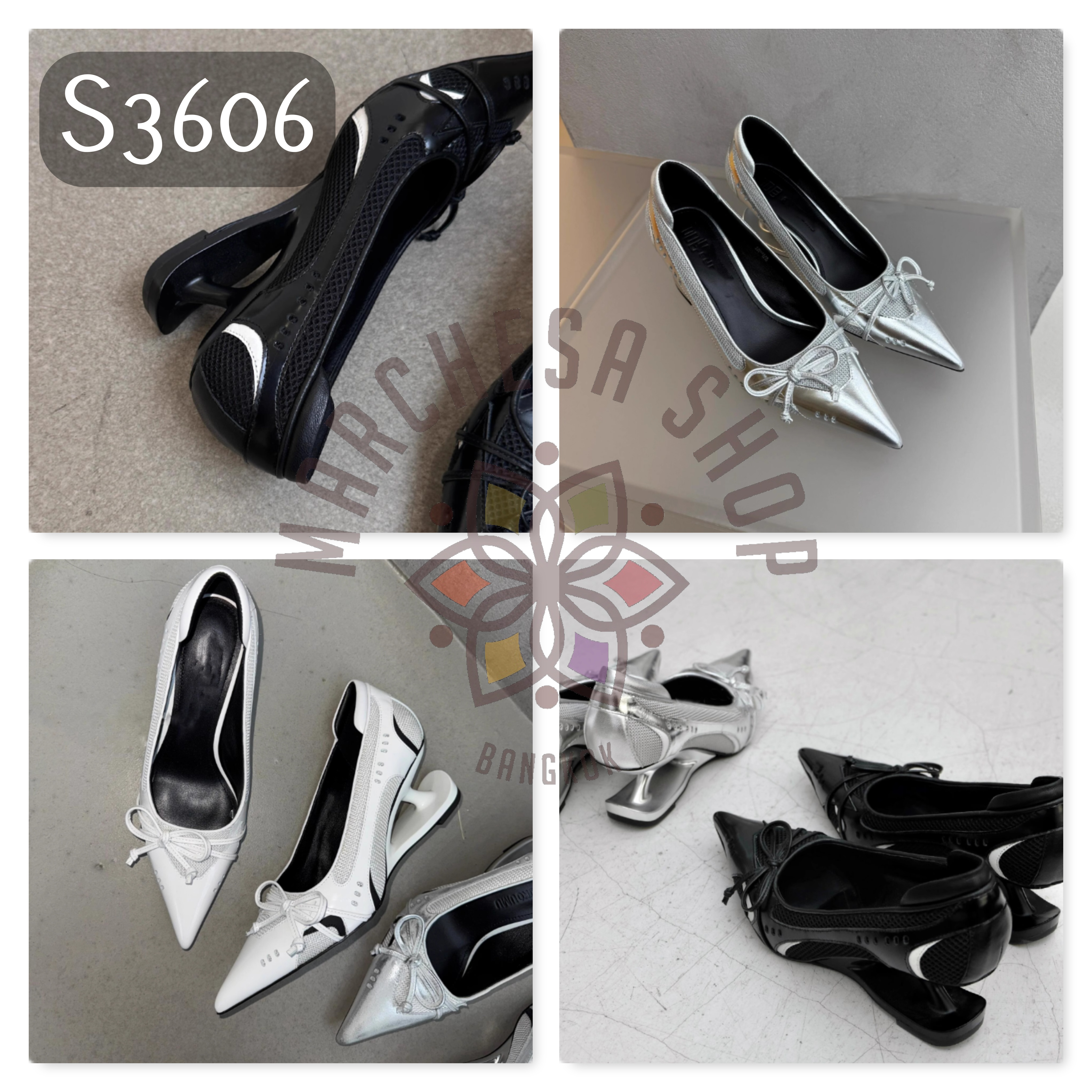 S3606 - 頭層羊皮拼網紗運動款鏤空高踭鞋