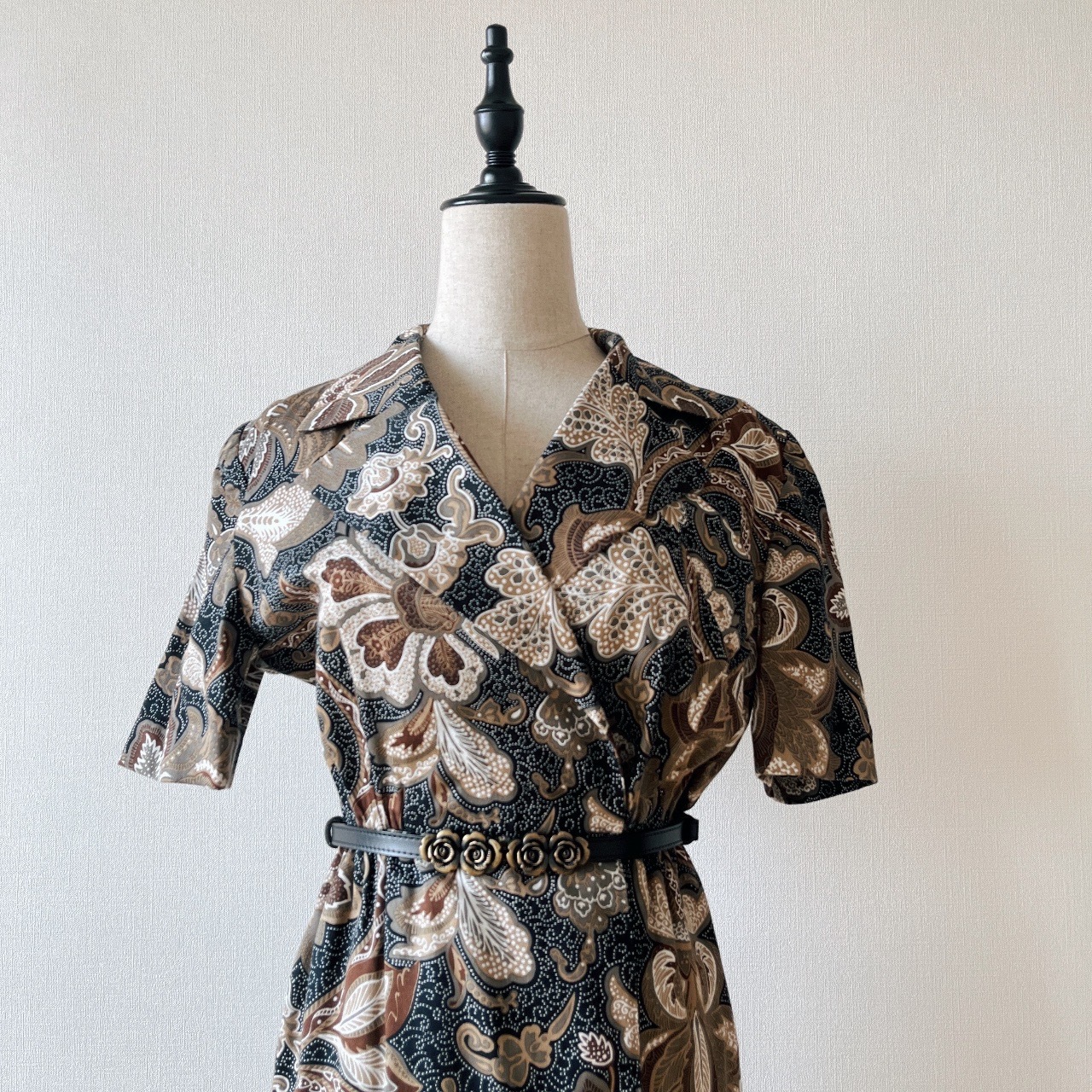 啡色華麗大花古著連身裙