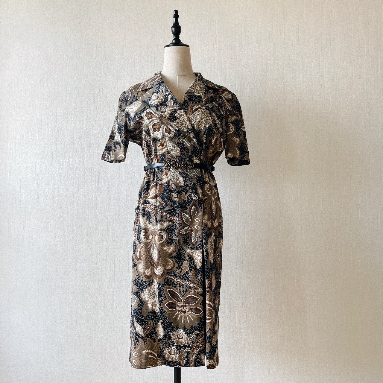 啡色華麗大花古著連身裙