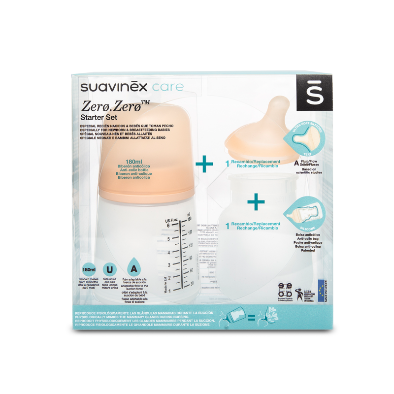 Suavinex - Zero zero母乳餵養奶樽啟蒙套裝(180毫升,自適應流量奶嘴)