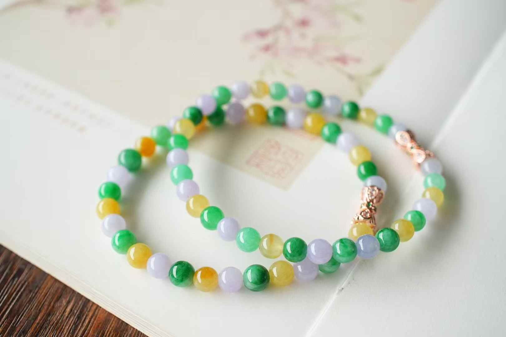 翡翠冰三彩圓珠手鏈 (5.3mm直徑),天然翡翠A玉, 緬甸玉, Jade, Jadeite