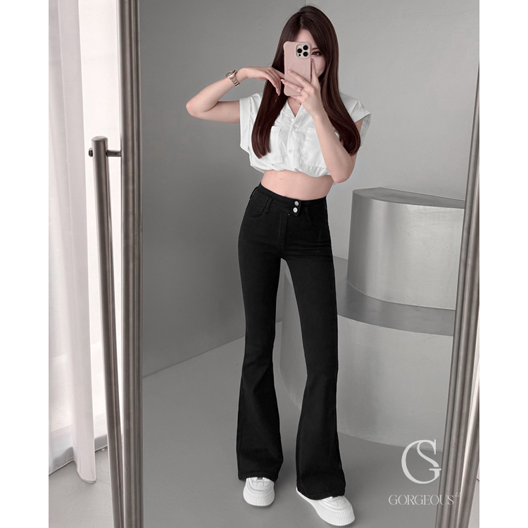 L23 現貨「小腰側雙扣牛仔喇叭褲」