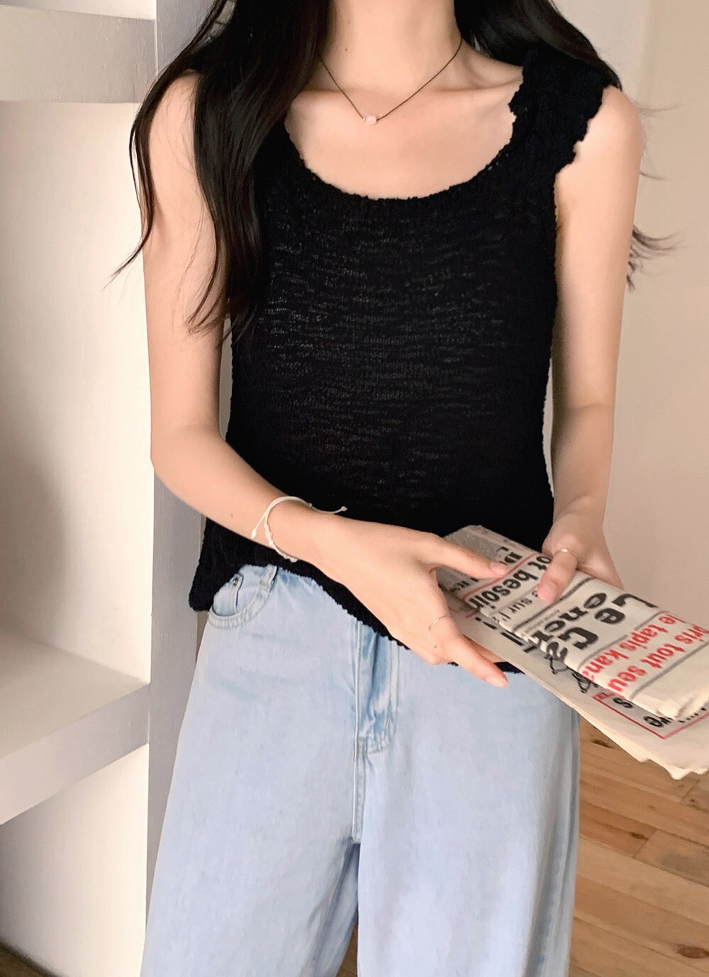 韓國grace muse授權 陽光泡泡感荷葉邊寬帶編織背心