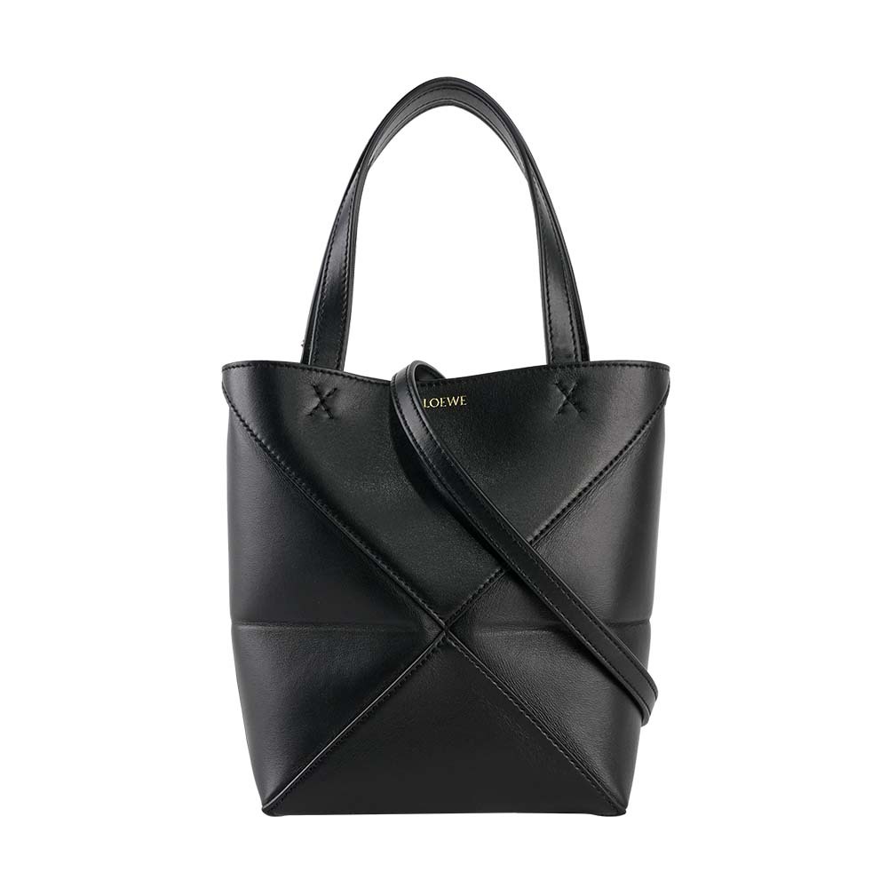 【LOEWE】Puzzle 亮面小牛皮迷你摺疊托特包(黑色)