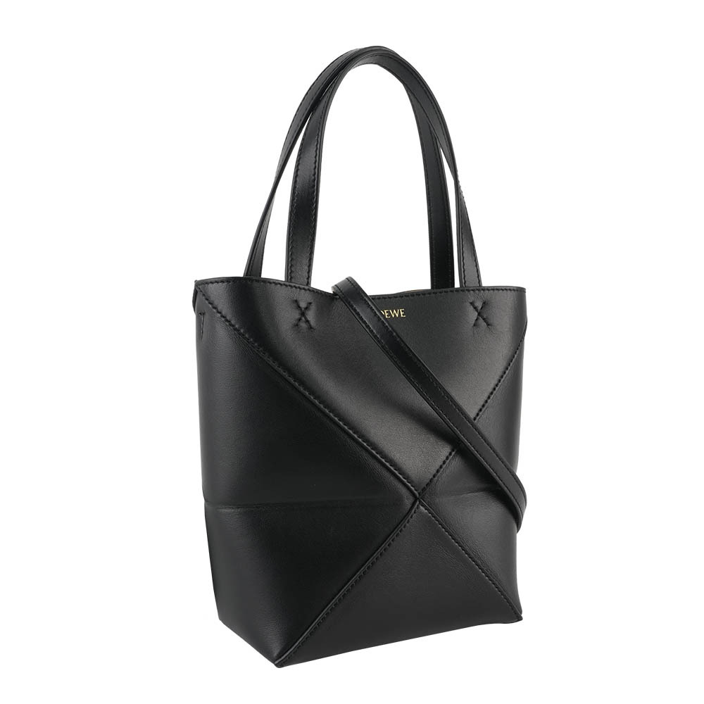 【LOEWE】Puzzle 亮面小牛皮迷你摺疊托特包(黑色)