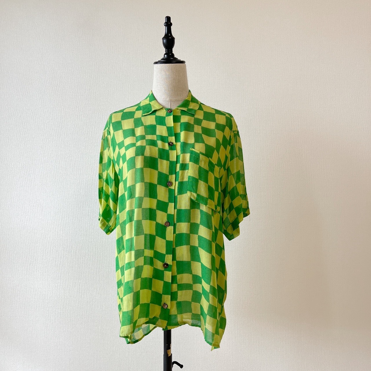 綠色撞黃色賽車格紋古著上衣