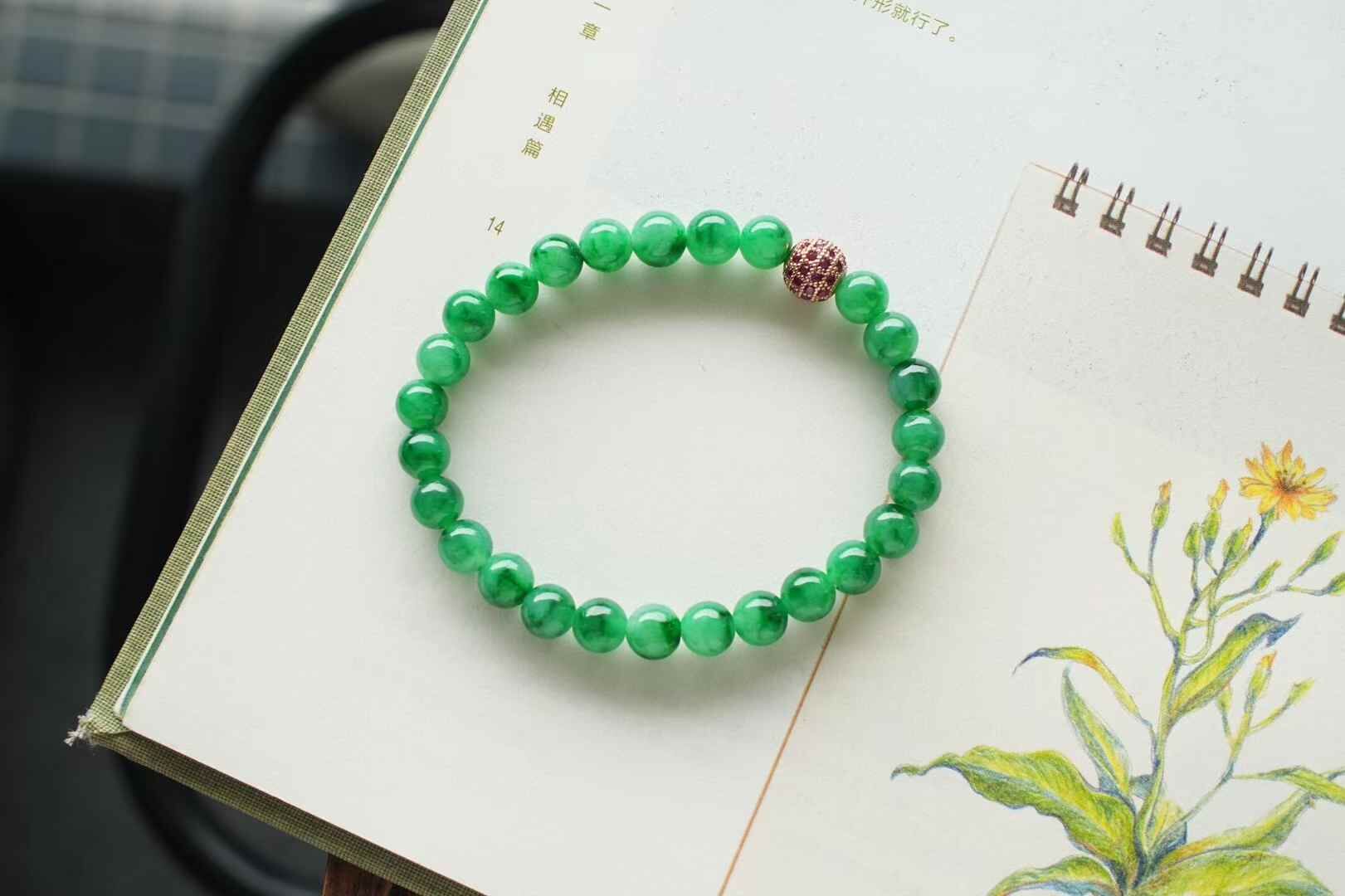 翡翠冰種濃陽綠珠鏈 (6.8-7mm直徑),天然翡翠A玉, 緬甸玉, Jade, Jadeite