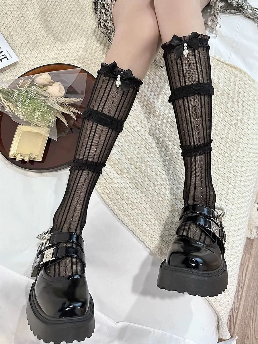 正韓透膚前蝴蝶結泡泡襪