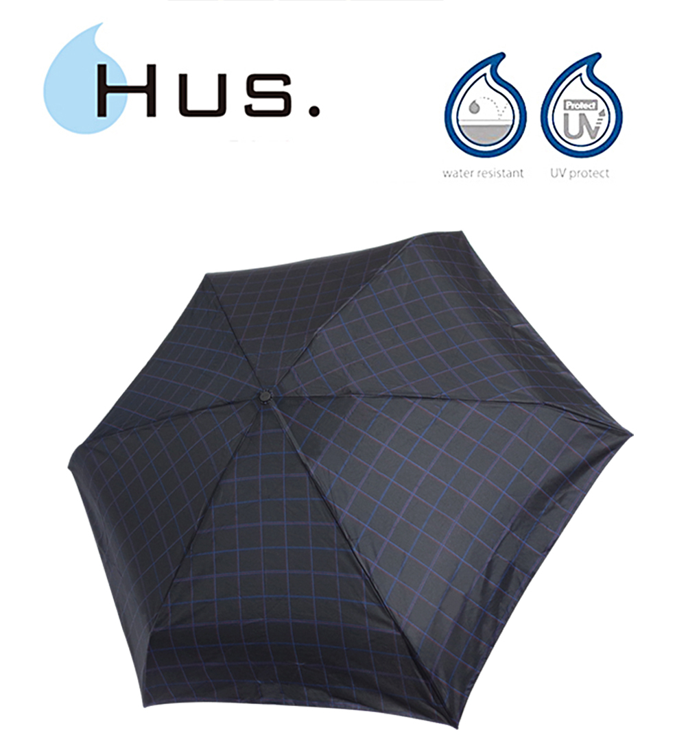 HUS藍黑格紋抗UV手開迷你口袋傘